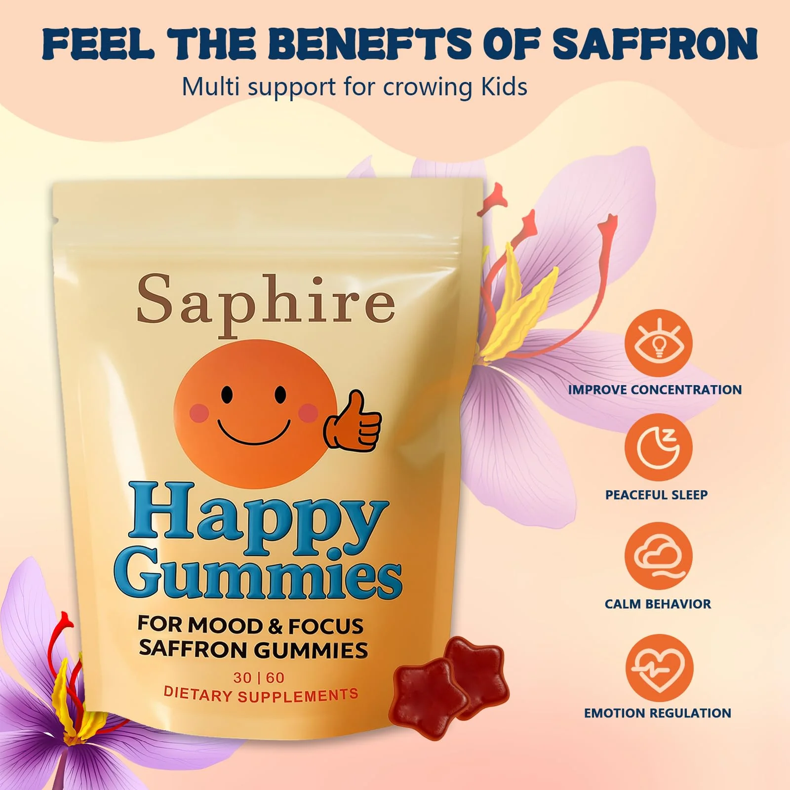 Saphire Happy Gummies – Calm & Focus Support Gummies, Sugar-Free Saffron Chews with Passion Flower & Chamomile, Daily Mood Balance Supplement, 60 Count(30-Day Supply).(1) - Image 7