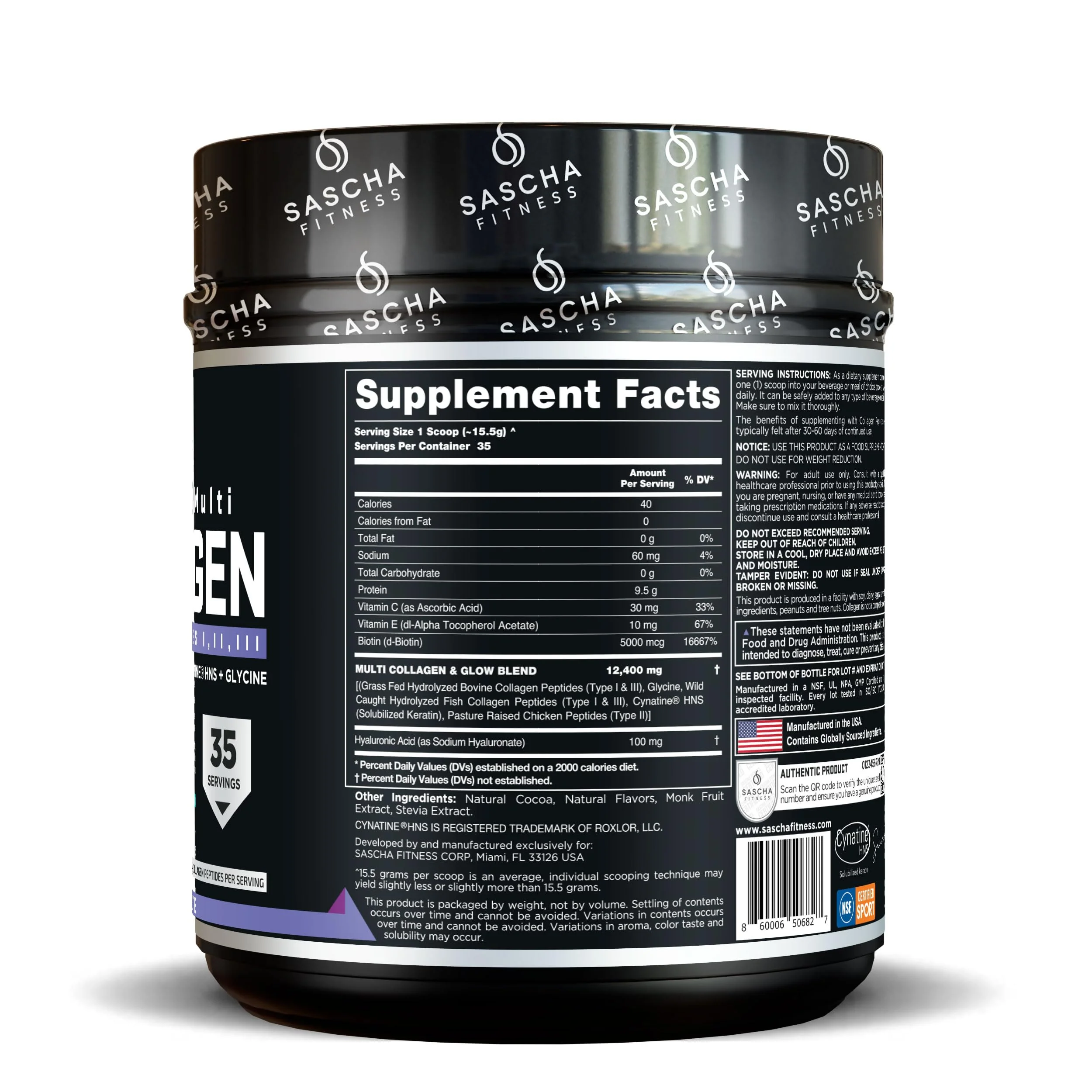 SASCHA FITNESS Hydrolyzed Multi Collagen Peptides Tipes 1,2 & 3 |Hyaluronic Acid|Biotin Cynatine HSN|Vitamin C & E |for Hairs, Skin & Bone Support|Chocolate Flavor - Image 3