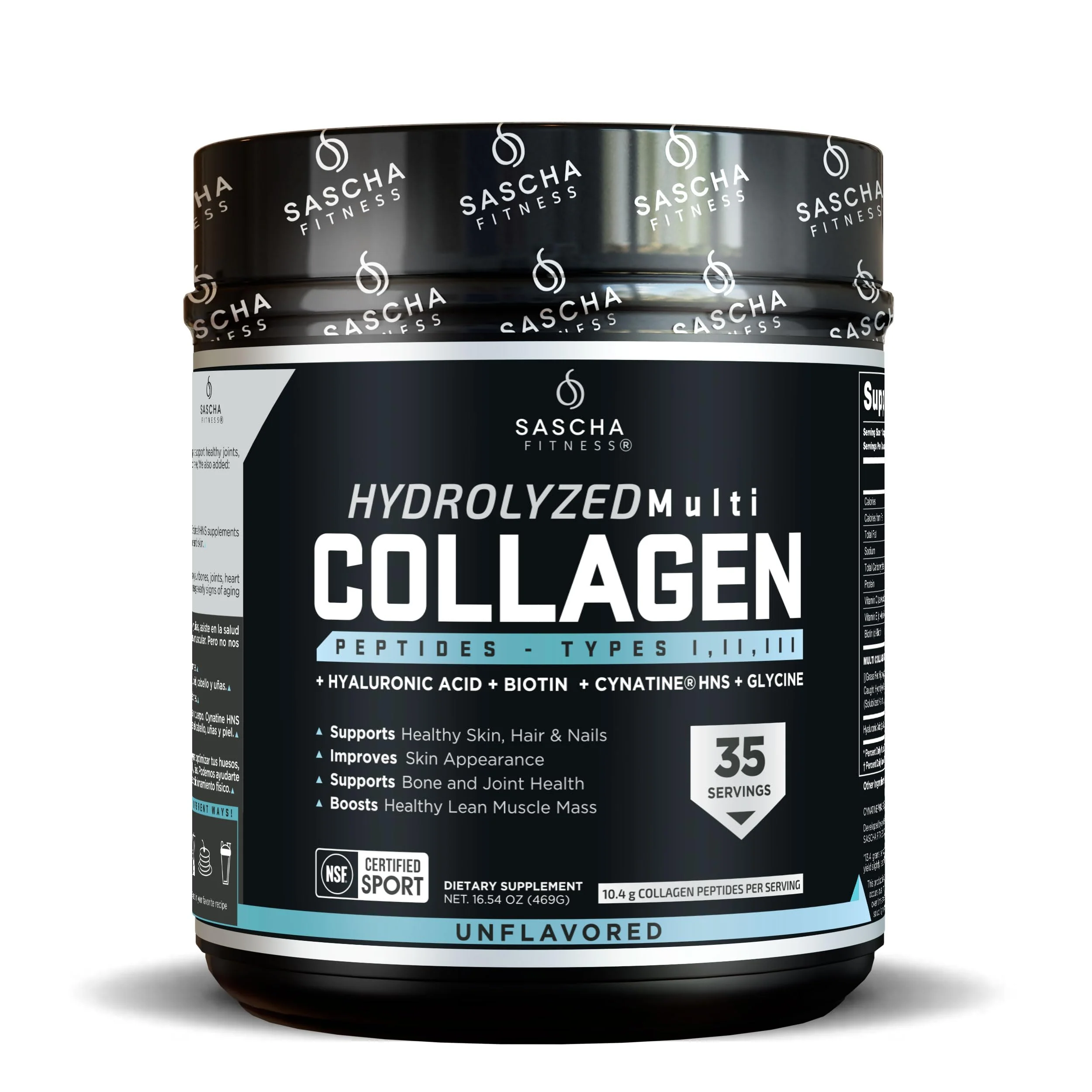 SASCHA FITNESS Hydrolyzed Multi Collagen Peptides Tipes 1,2 & 3 |Hyaluronic Acid|Biotin |Cynatine HSN|Vitamin C & E |for Hairs, Skin & Bone Support| Unflavored