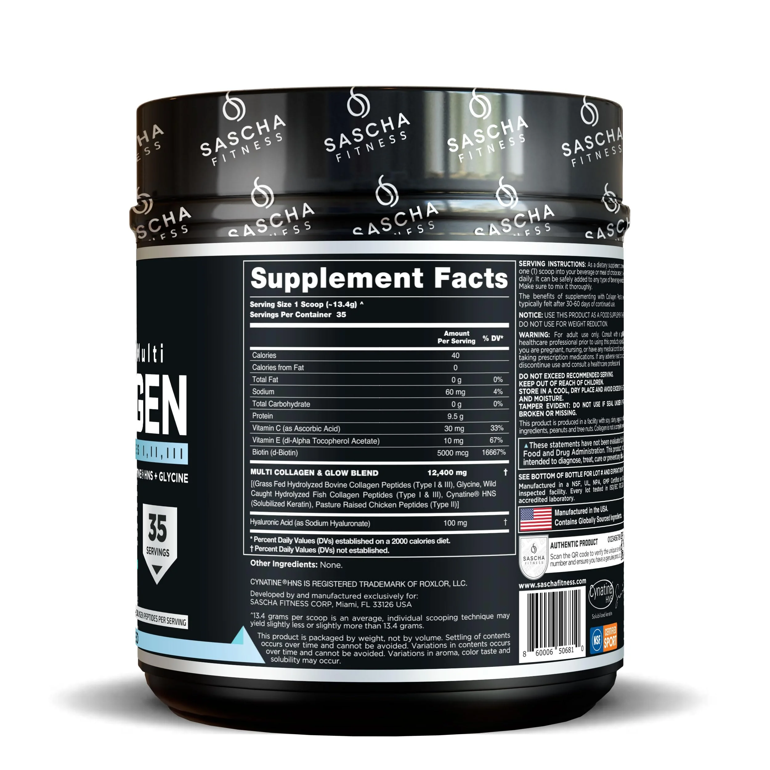 SASCHA FITNESS Hydrolyzed Multi Collagen Peptides Tipes 1,2 & 3 |Hyaluronic Acid|Biotin |Cynatine HSN|Vitamin C & E |for Hairs, Skin & Bone Support| Unflavored - Image 2