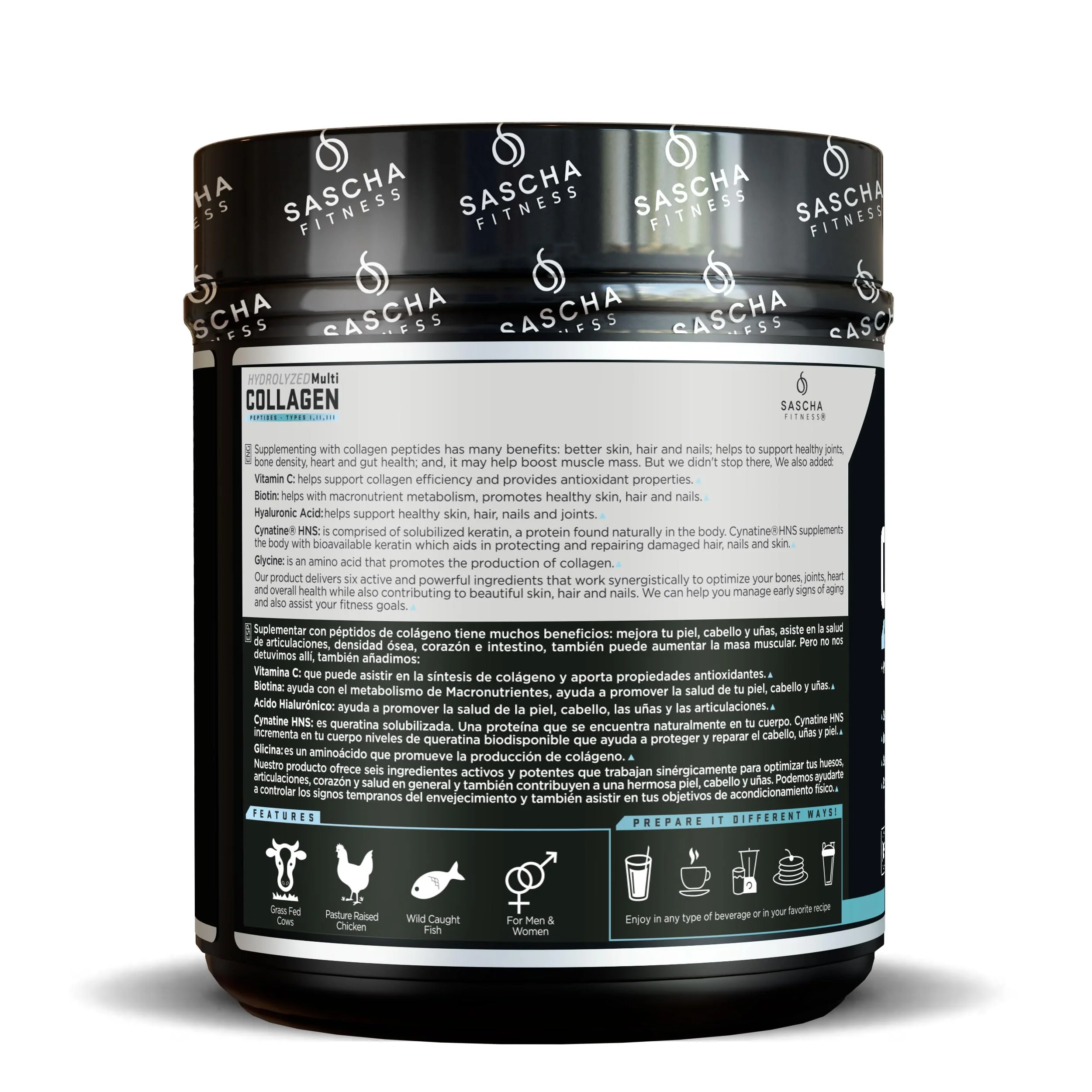 SASCHA FITNESS Hydrolyzed Multi Collagen Peptides Tipes 1,2 & 3 |Hyaluronic Acid|Biotin |Cynatine HSN|Vitamin C & E |for Hairs, Skin & Bone Support| Unflavored - Image 3