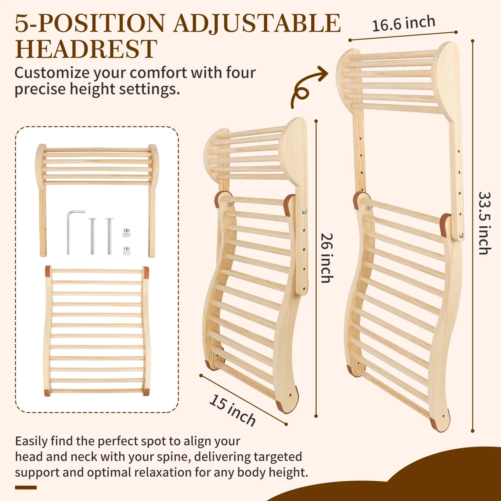 Sauna Backrest Infrared Sauna Backrest Accessories with Adjustable Pillow Wooden Slip-Resistant Non-Toxic Comfortable S-Shape Design Sauna Chair for Any Barrel or Infrared Sauna - Image 4