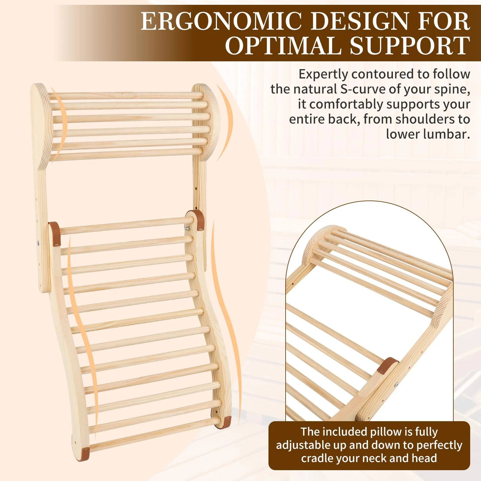 Sauna Backrest Infrared Sauna Backrest Accessories with Adjustable Pillow Wooden Slip-Resistant Non-Toxic Comfortable S-Shape Design Sauna Chair for Any Barrel or Infrared Sauna - Image 7