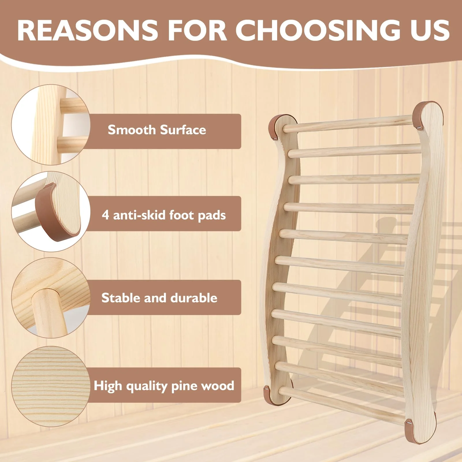 Sauna Backrest Sauna Accessories Wooden Slip-Resistant Non-Toxic Comfortable S-Shape Design Sauna Chair with Back, Sauna Accessories for Any Barrel or Infrared Sauna - Image 4