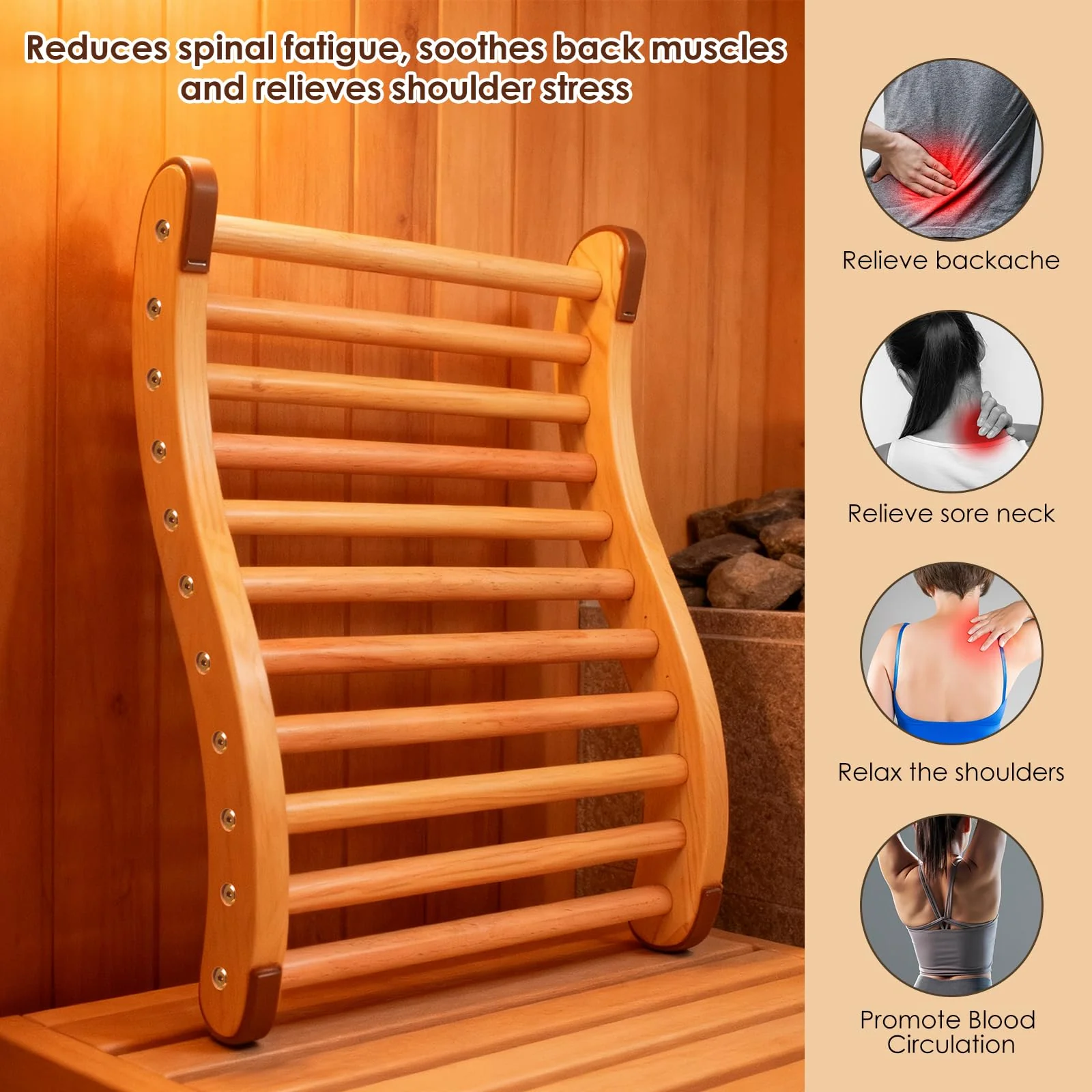 Sauna Backrest Wooden Sauna Accessories (Assembly Required) Non-slip Comfort Sauna Backrest Ergonomic S-shaped Sauna Backrest Relaxes the Back Pine Sauna Backrest Suitable for Sauna Environment - Image 3