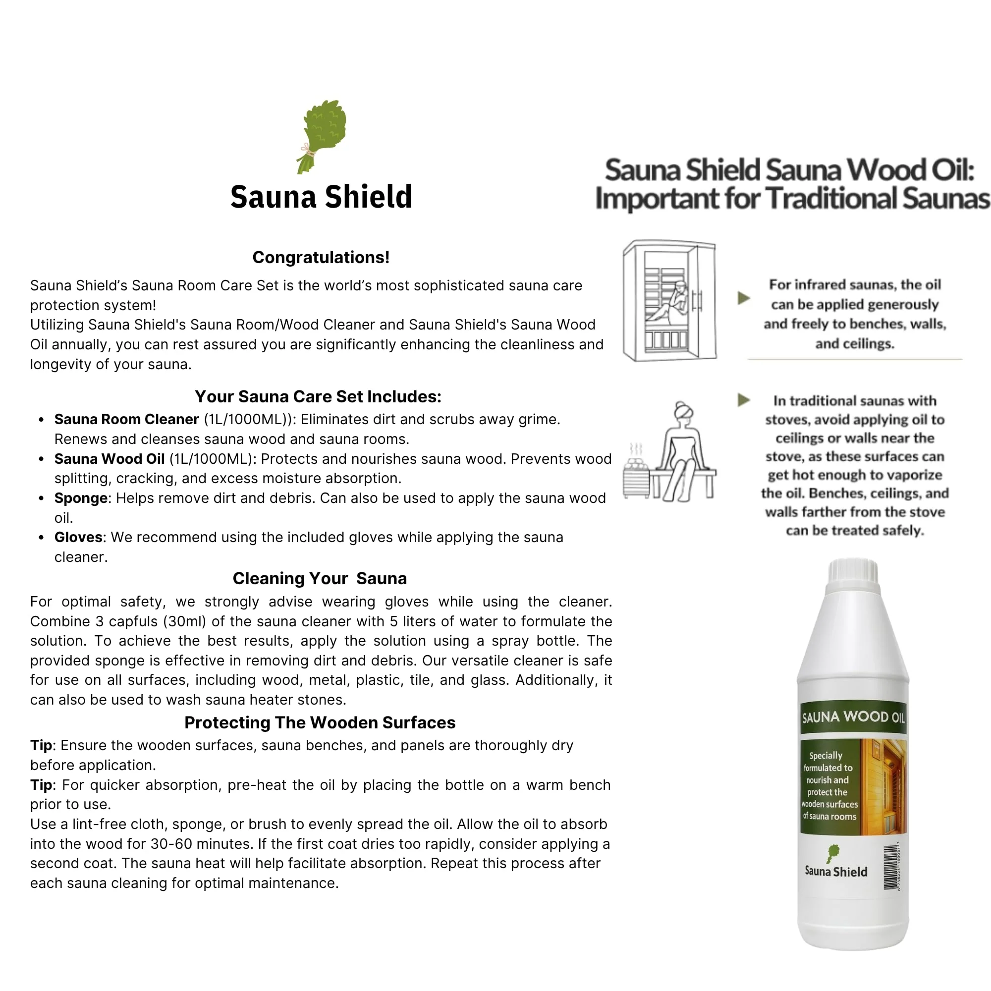 Sauna Shield Sauna Care Set – Sauna Wood Oil & Sauna Cleaner (33.8 fl oz each) with Applicator Sponge & Gloves | Protects, Cleans & Nourishes Sauna Wood | For Traditional & Infrared Saunas - Image 2