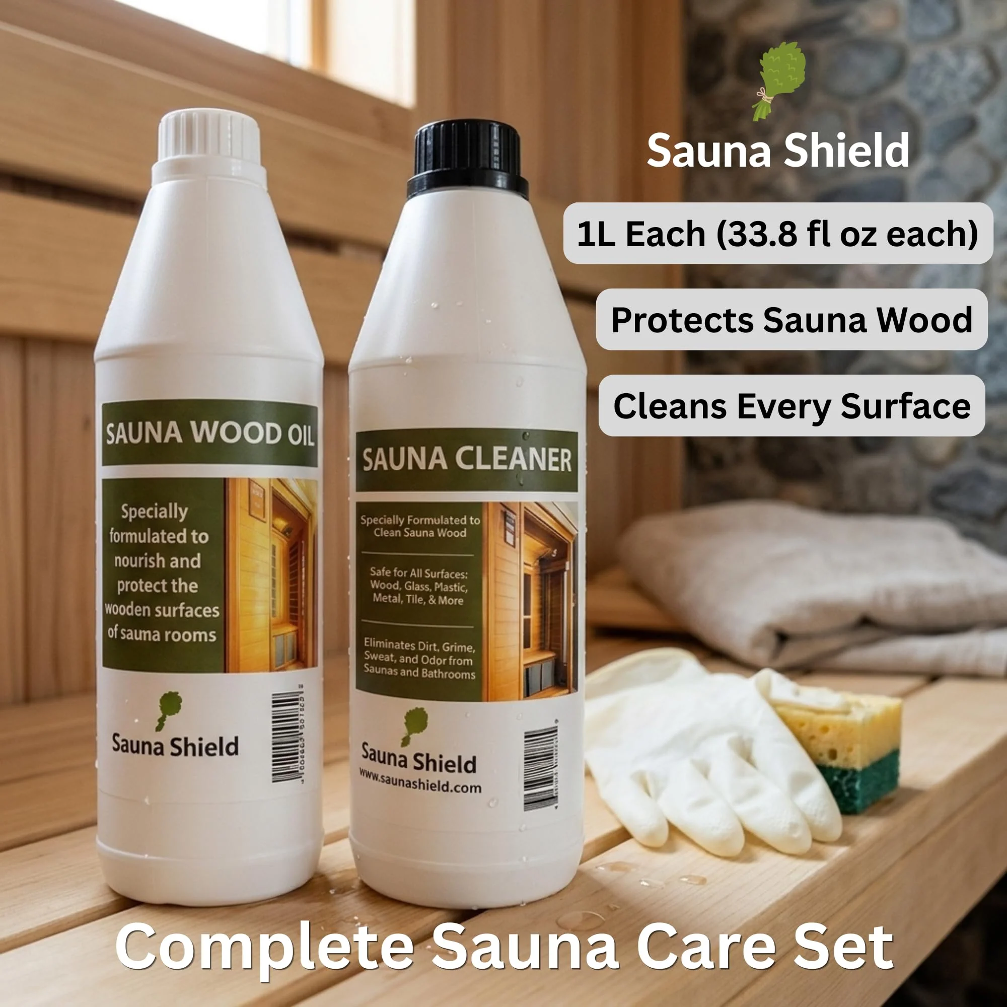 Sauna Shield Sauna Care Set – Sauna Wood Oil & Sauna Cleaner (33.8 fl oz each) with Applicator Sponge & Gloves | Protects, Cleans & Nourishes Sauna Wood | For Traditional & Infrared Saunas - Image 6