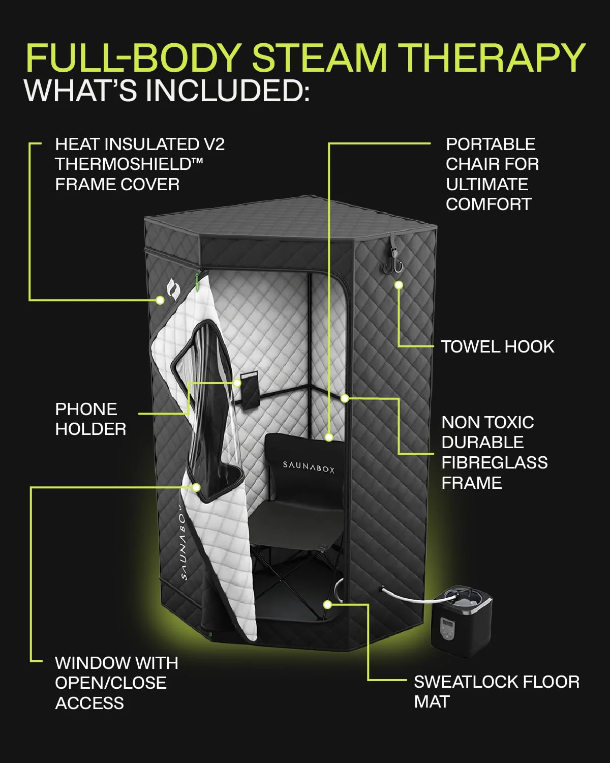 SAUNABOX® SmartSteam Kit Pro | Personal Steam Sauna for Home Use | Portable Sauna Tent with Chair, Mat & Case | Full-Body Steam Therapy for Relaxation, Detox & Recovery - Image 7