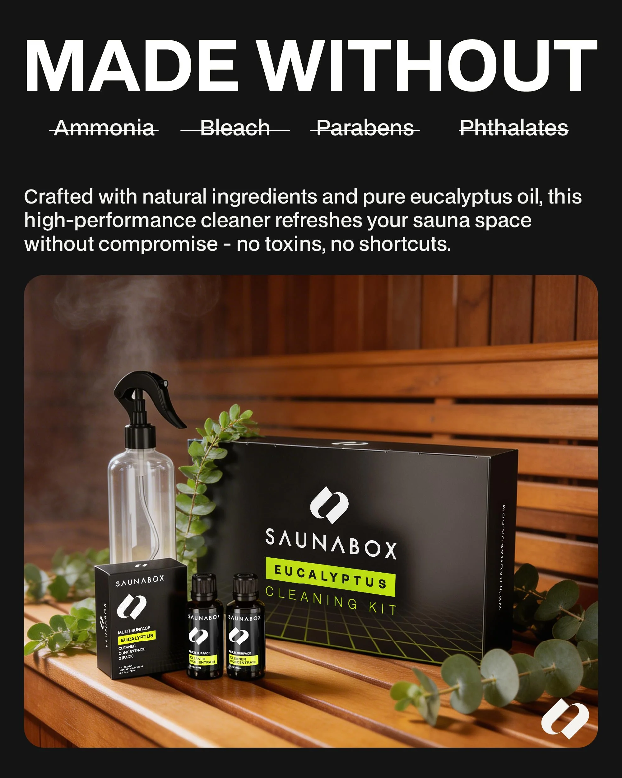 SAUNABOX All-Natural Sauna Cleaning Kit | Eco-Friendly Eucalyptus Multi-Surface Cleaner Concentrate – Chemical-Free & Biodegradable | Safe for Sauna Tents, Benches & Mats (2x1 FL.OZ./30mL) - Image 5