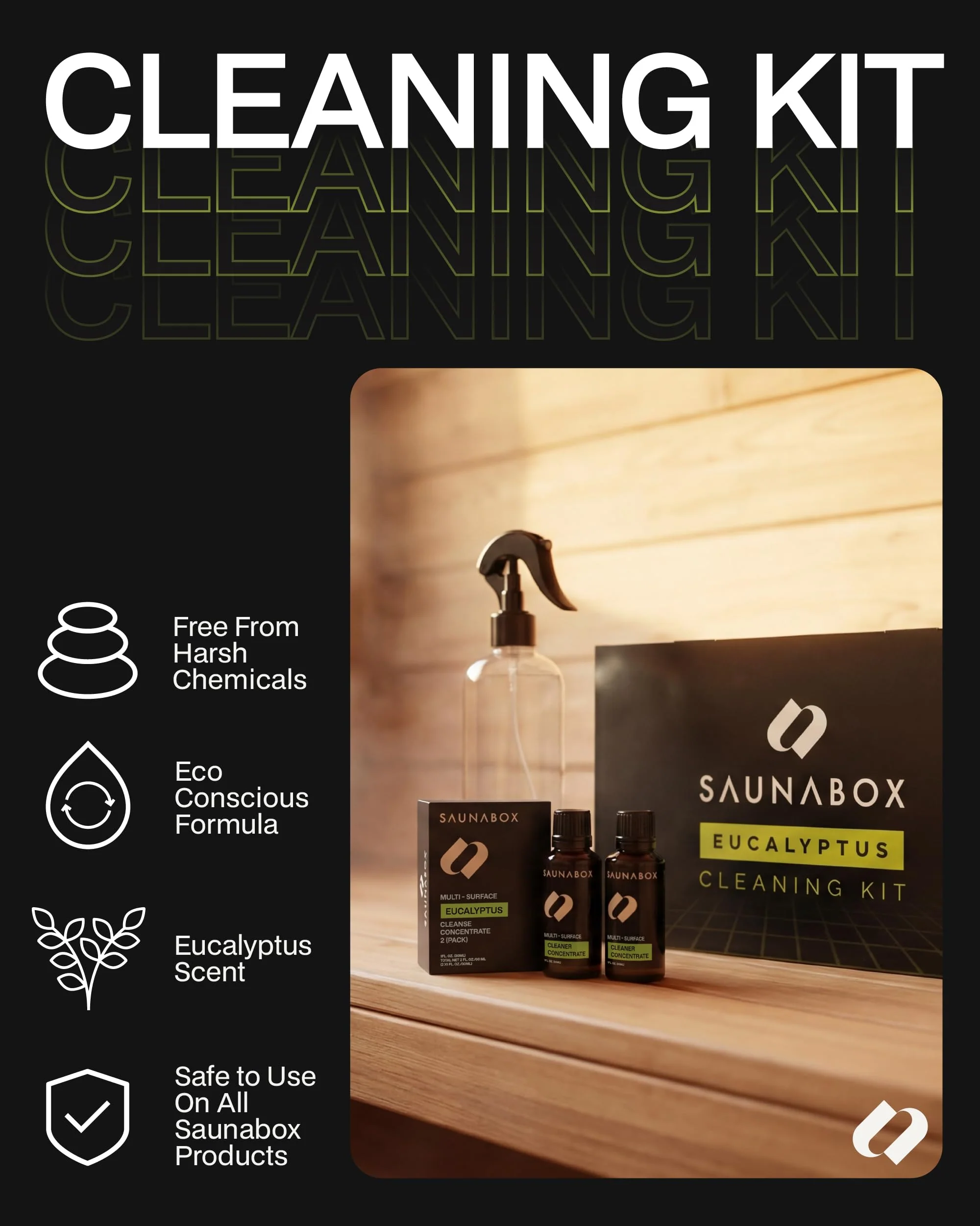 SAUNABOX All-Natural Sauna Cleaning Kit | Eco-Friendly Eucalyptus Multi-Surface Cleaner Concentrate – Chemical-Free & Biodegradable | Safe for Sauna Tents, Benches & Mats (2x1 FL.OZ./30mL) - Image 9