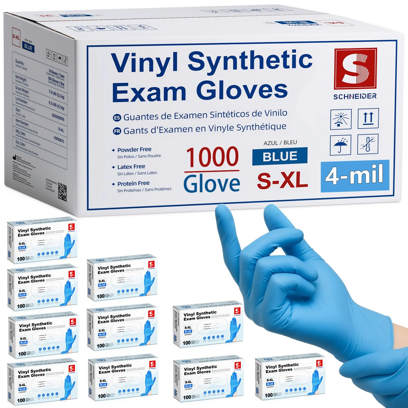 Schneider Blue Vinyl Synthetic Exam Gloves, Medium, Case of 1000, 4-mil, Powder-Free, Latex-Free, Non-Sterile, Disposable Gloves