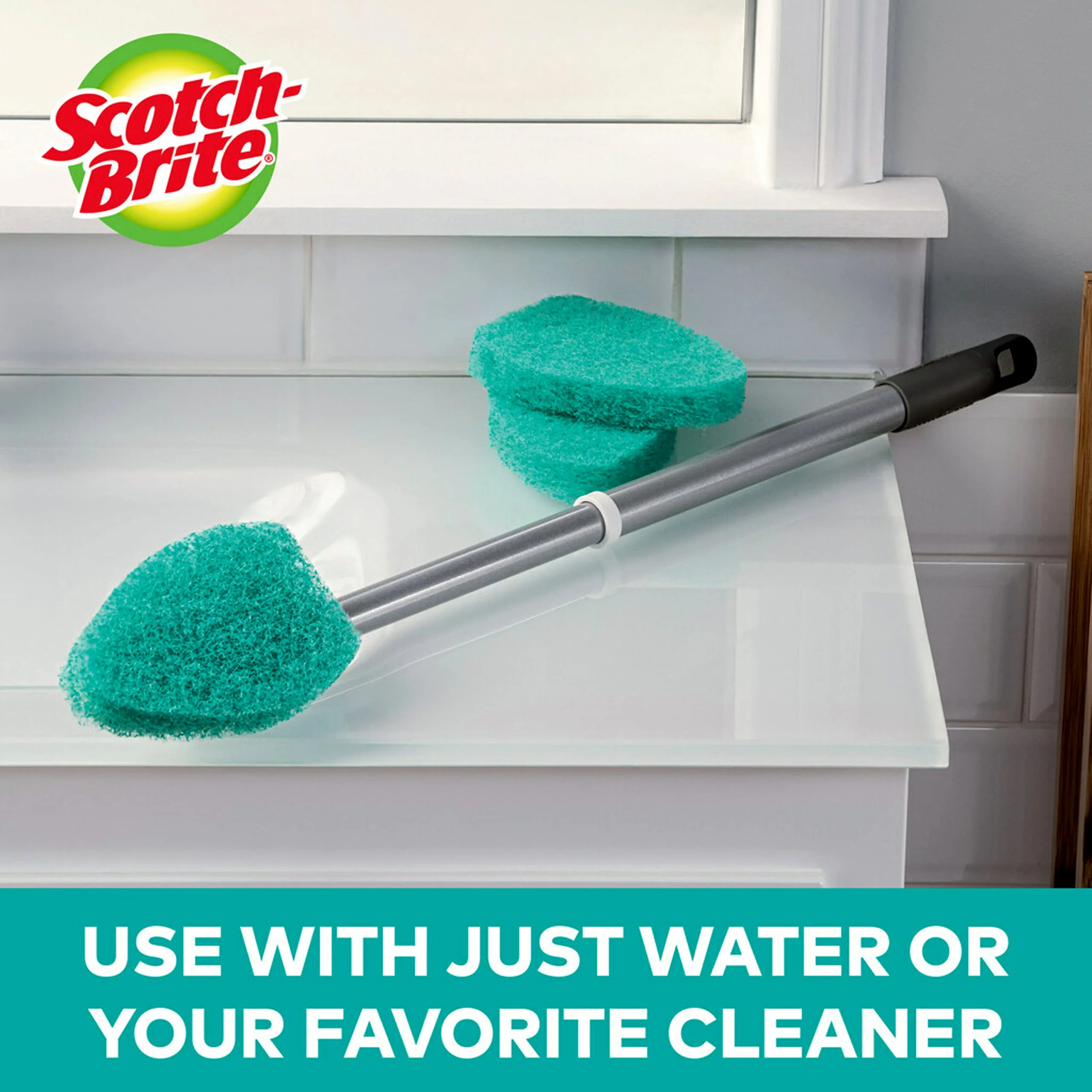 Scotch-Brite Extendable Tub & Tile Scrubber Kit, Includes 1 Handle and 3 Non-Scratch Scrubber Pads + Command Broom and Mop Grippers, 2-Grippers, 4-Strips - Image 4