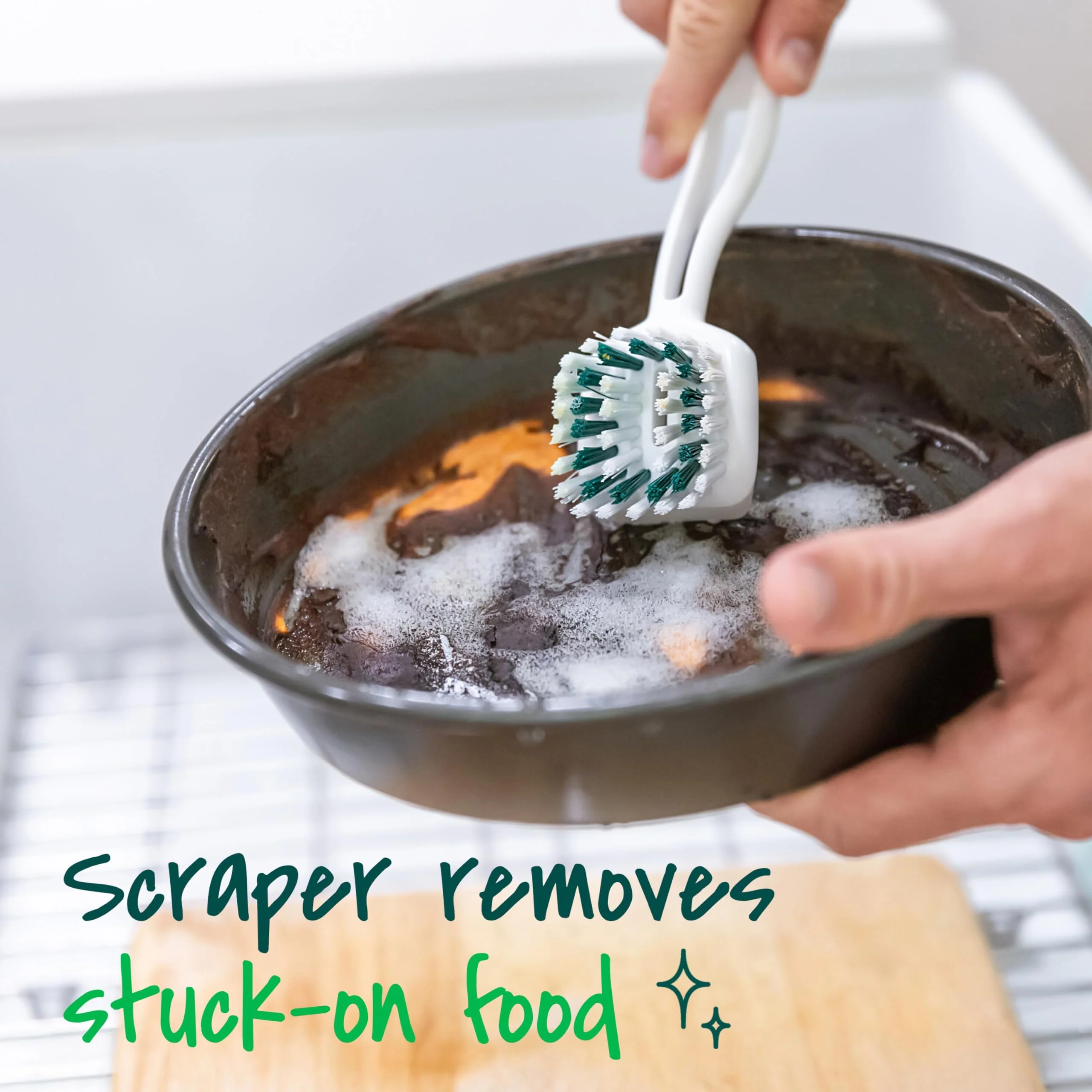 Scotch-Brite Pot + Pan Brush, Durable and Long Lasting Dish Brush with Handle for Scrubbing Stainless Steel, Outdoor Furniture, and Sinks Without Scratching, Antimicrobial, and Rinses Clean - Image 4