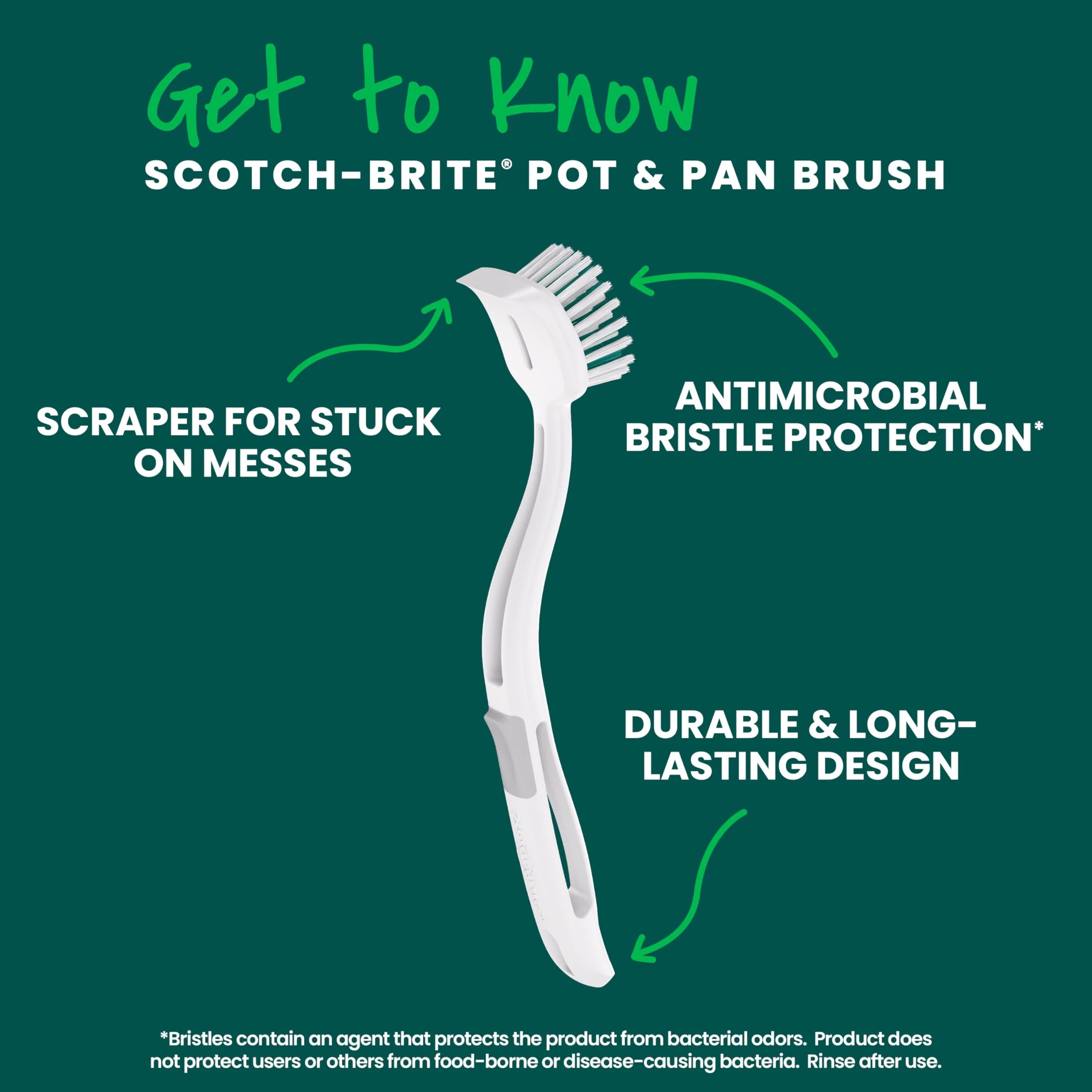 Scotch-Brite Pot + Pan Brush, Durable and Long Lasting Dish Brush with Handle for Scrubbing Stainless Steel, Outdoor Furniture, and Sinks Without Scratching, Antimicrobial, and Rinses Clean - Image 9