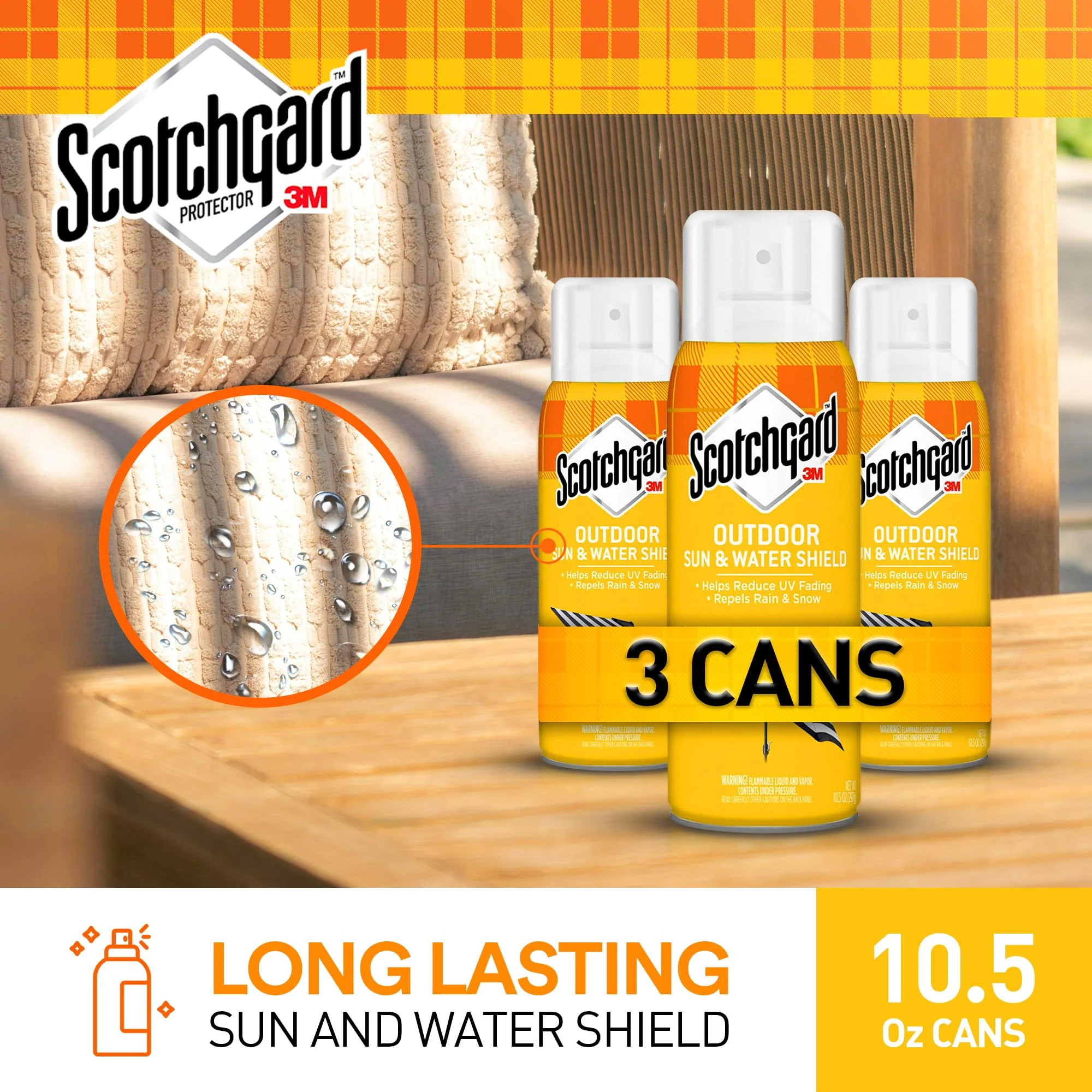 Scotchgard Water & Sun Shield Outdoor Fabric Protector Spray, UV Protection and Water Protection for Patio Furniture, Upholstery & More – 10.5 oz Aerosol (3 Cans) - Image 9