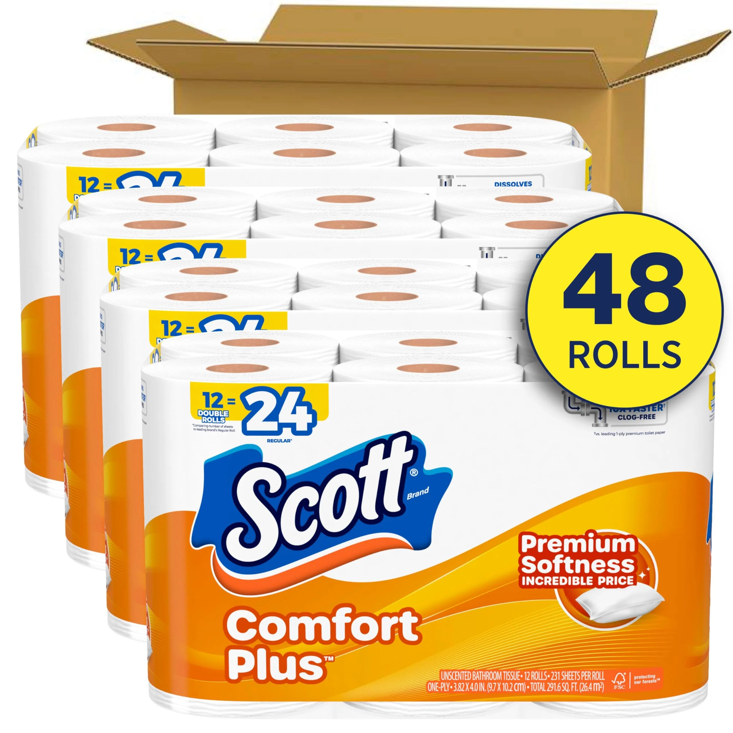 Scott ComfortPlus Toilet Paper, 48 Triple Rolls, 231 Sheets per Roll, Septic-Safe, 1-Ply Toilet Tissue - Image 8