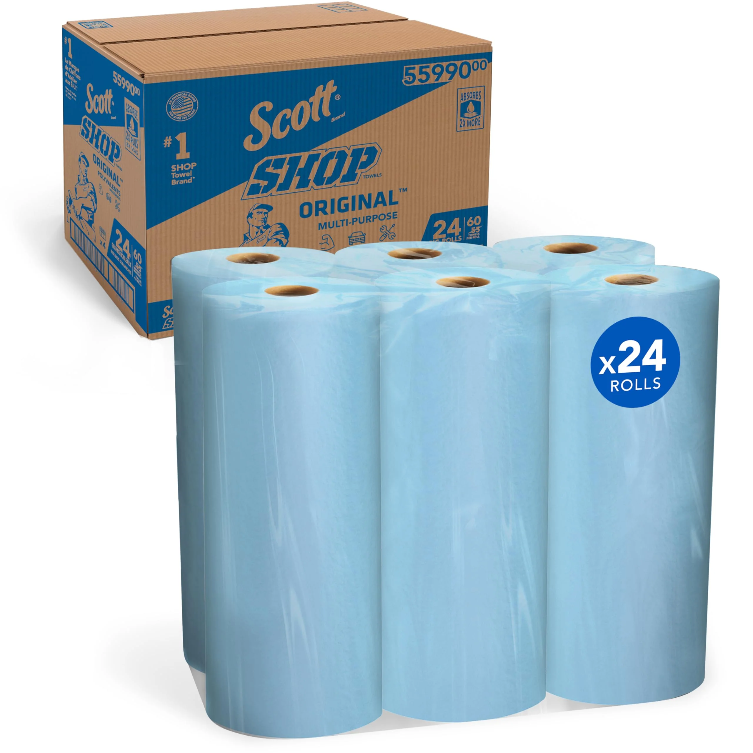 Scott Shop Original Blue Towels (55990), Large 9.4”x11 Cloth-like Paper Towel, 4 packs of 6 (60 Sheets/Roll, 24 Big Rolls/Case, 1,440 Sheet Total) - Image 2
