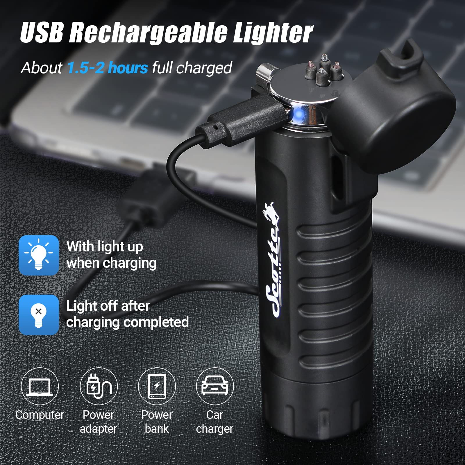Scotte Plasma Windproof arc Lighter Electric Lighter and LED Flashlight - 2 in 1 (Black)/5-in-1 Magnesium Fire Starter for Emergency Survival Kits, Camping, Hiking, All-Weather Magnesium Ferro Rod - Image 5
