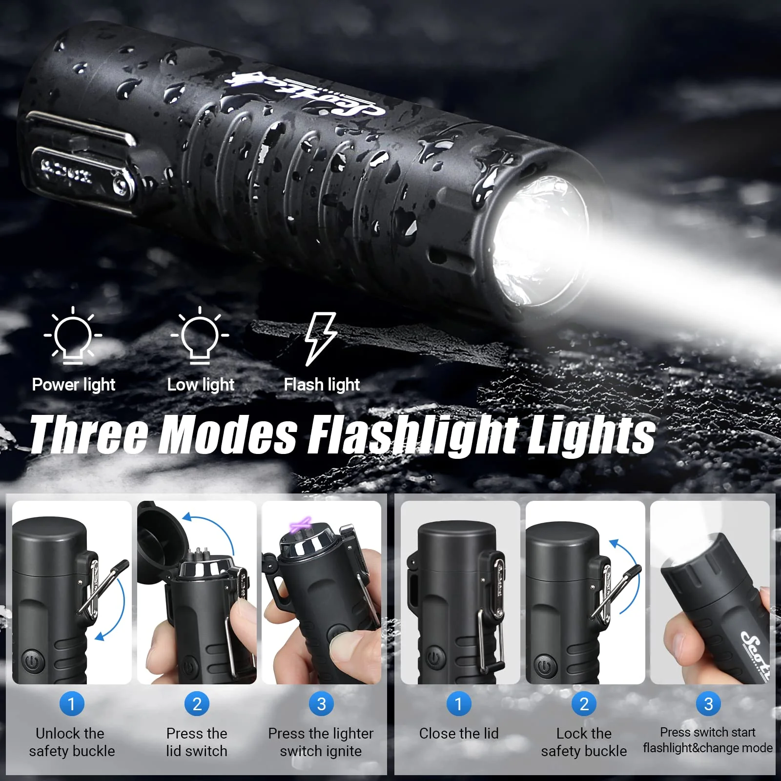 Scotte Plasma Windproof arc Lighter Electric Lighter and LED Flashlight - 2 in 1 (Black)/5-in-1 Magnesium Fire Starter for Emergency Survival Kits, Camping, Hiking, All-Weather Magnesium Ferro Rod - Image 6