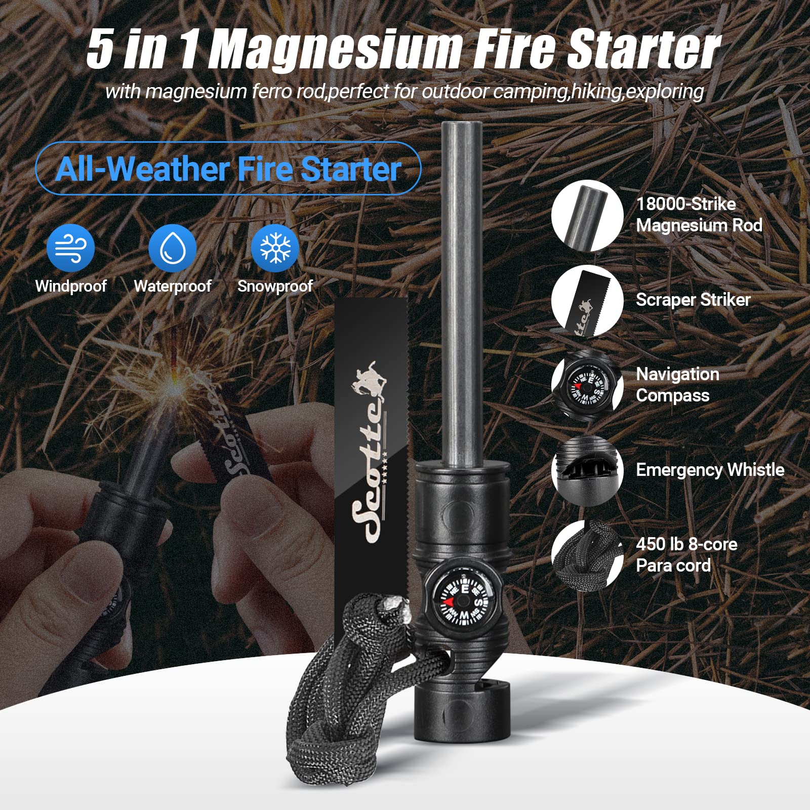 Scotte Plasma Windproof arc Lighter Electric Lighter and LED Flashlight - 2 in 1 (Black)/5-in-1 Magnesium Fire Starter for Emergency Survival Kits, Camping, Hiking, All-Weather Magnesium Ferro Rod - Image 7