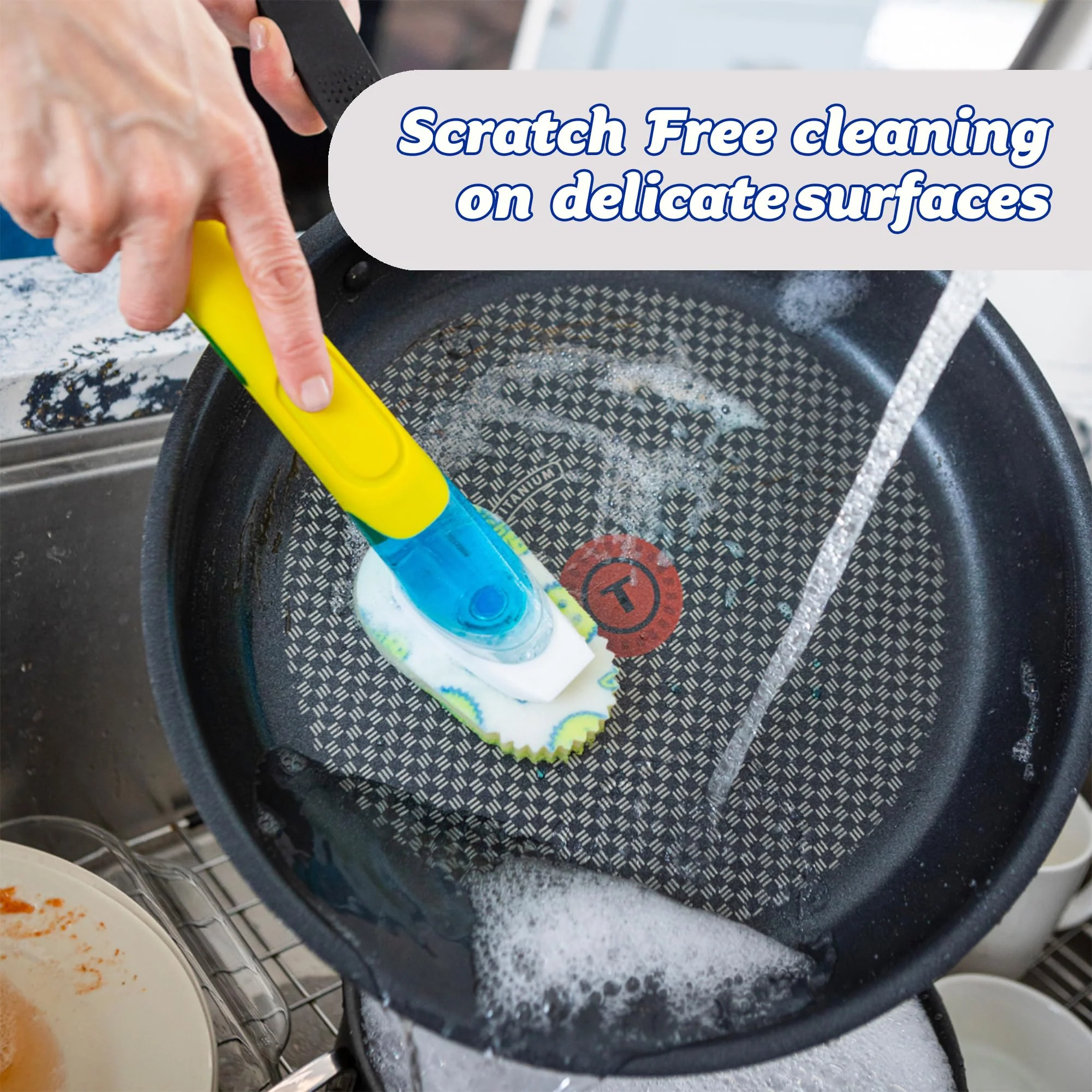 Scrub Daddy Dish Daddy Dish Wand & Connector Head, Soap Dispensing Dish Brush, Texture Changing Washing Up Sponge With Liquid Handle, Dish Sponge with Built-in Scraper, Scrubbing Head & Stand - Yellow - Image 6