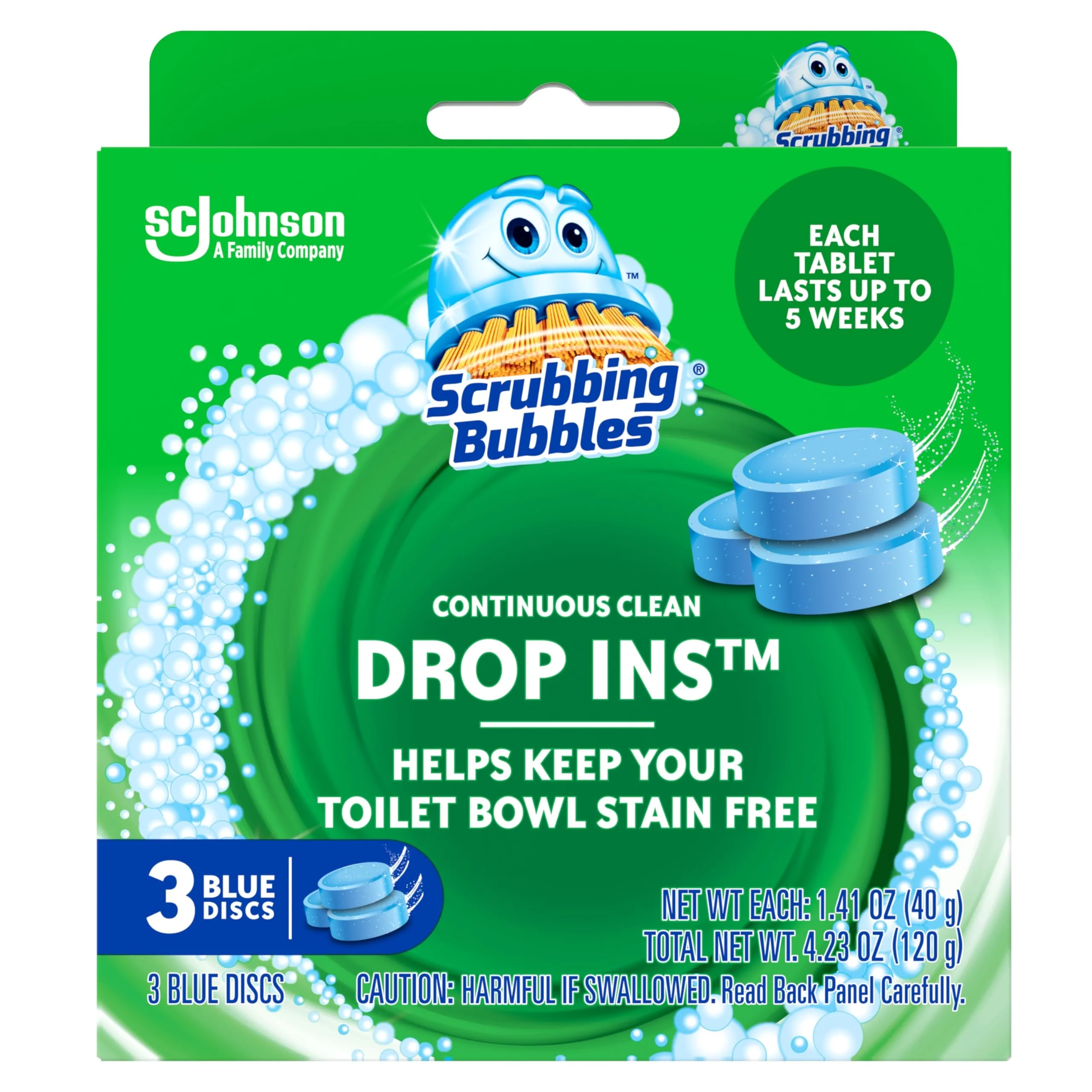 Scrubbing Bubbles Continuous Clean Toilet Drop-Ins, Automatic Blue Toilet Bowl Cleaner, Septic-Safe Tank Tablets Remove Hard Water Minerals & Limescale, Stain & Smell Protection, 3 Count (Pack of 1)