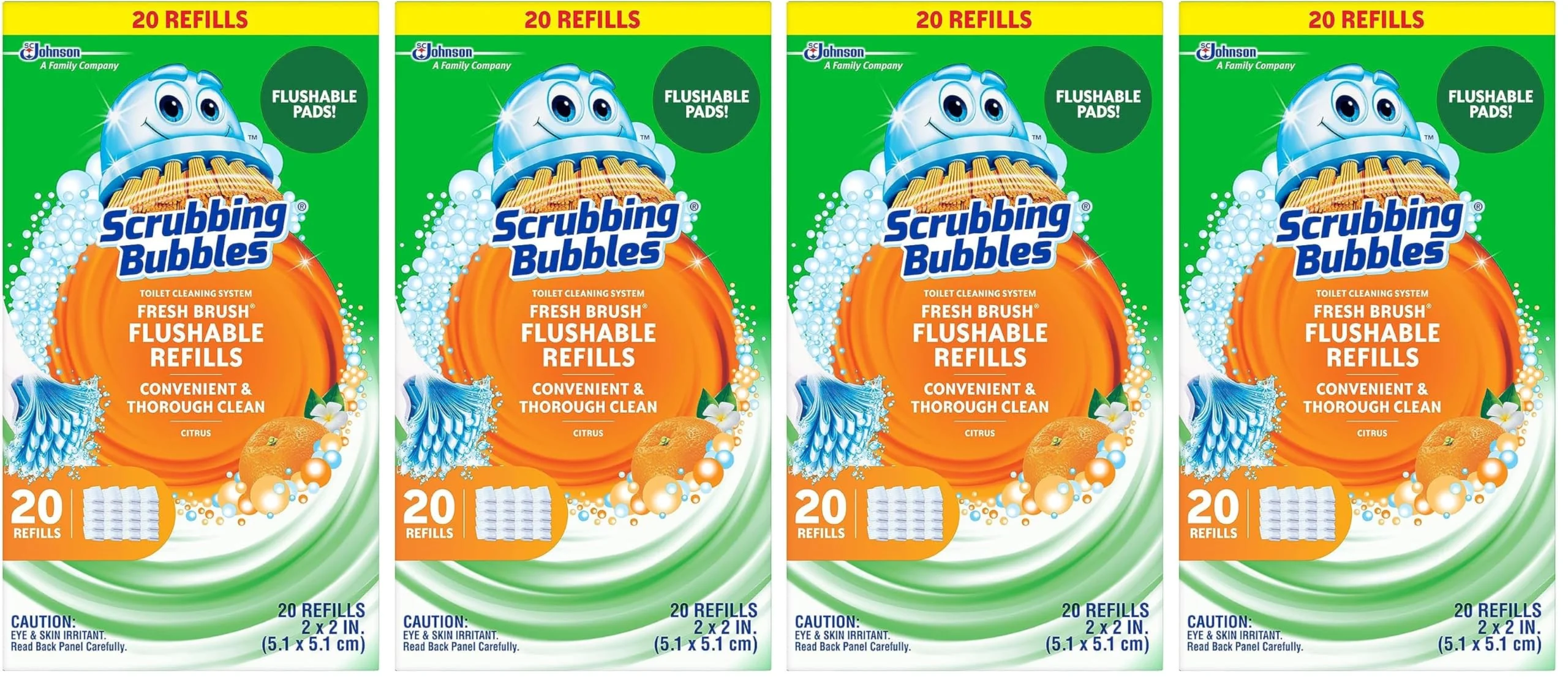 Scrubbing Bubbles Flushable Toilet Bowl Wand Cleaner Refills, Fresh Brush Cleaner Toilet Refill Pads, Removes Limescale & Odors, Citrus Scent,20 Count (Pack of 4)