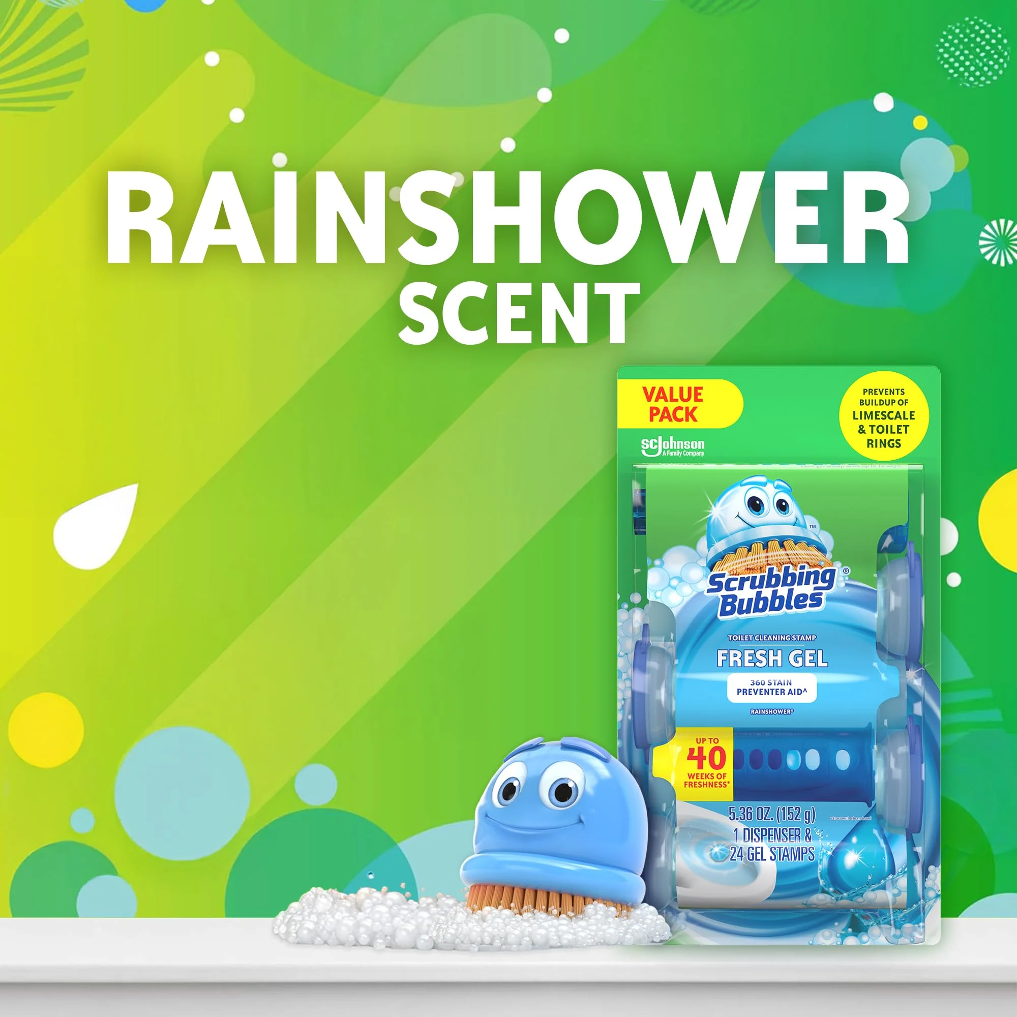 Scrubbing Bubbles Fresh Gel Toilet Bowl Cleaning Stamps, Helps Keep Toilet Clean and Helps Prevent Limescale & Rings, Rainshower Scent, 1 Dispenser with 24 Fresh Gel Stamps - Image 7