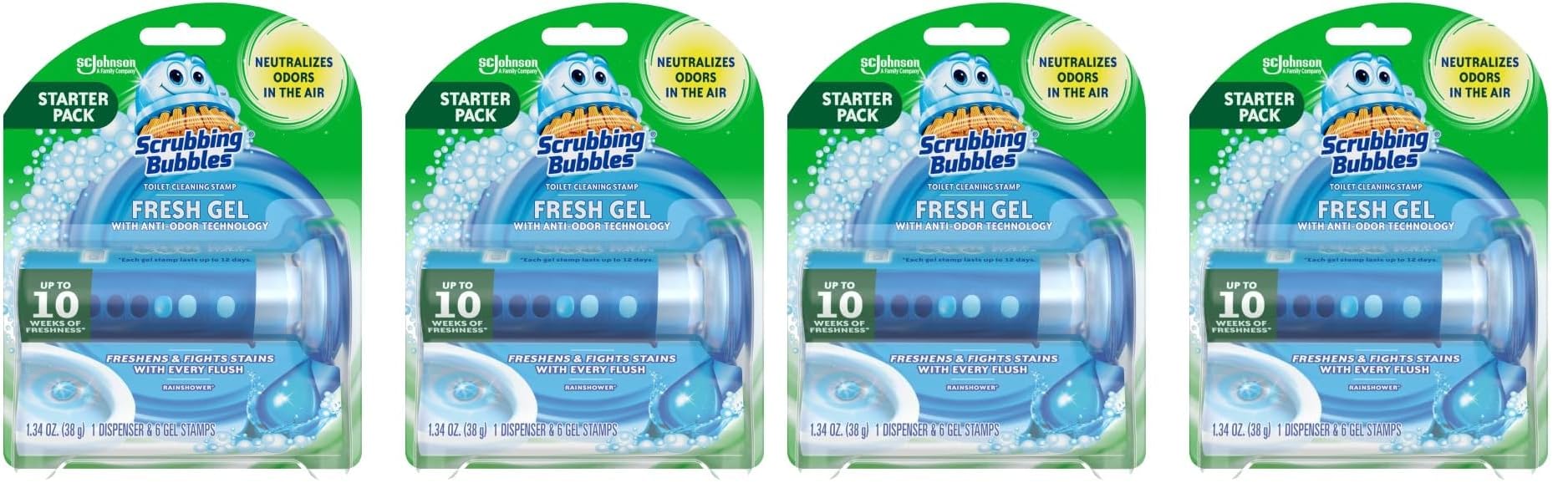 Scrubbing Bubbles Fresh Gel Toilet Bowl Cleaning Stamps, Helps Keep Toilet Clean and Helps Prevent Limescale & Rings, Rainshower Scent, 1 Dispenser with 6 Fresh Gel Stamps (Pack of 4)