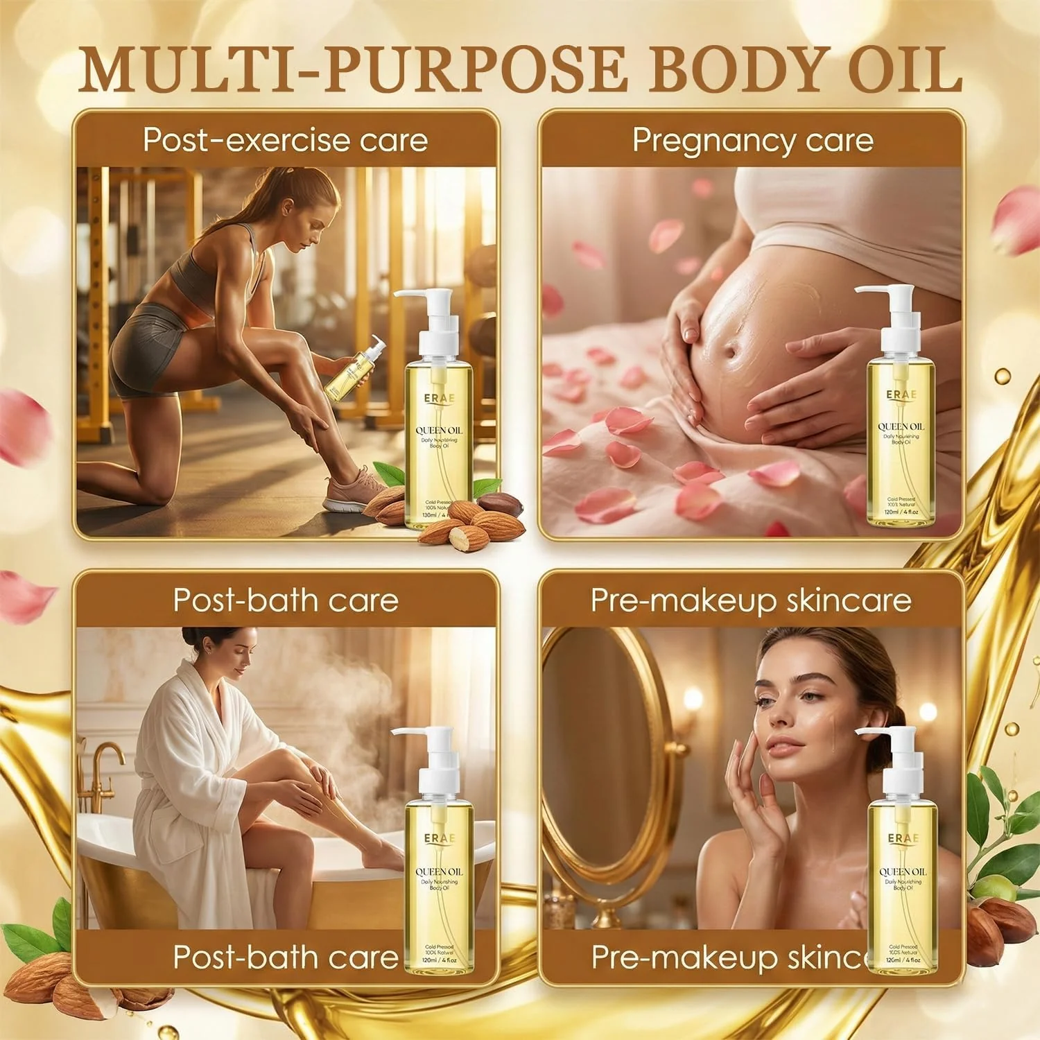 SDUQULK ERAE Queen Oil, Cold-Pressed Botanical Body Oil, Lightweight Daily Hydrating & Moisturizing Oil for Arms, Tummy & Thighs, Deeply Nourishing, 2 Pack (120 ml / 4 fl oz Each) (2 PCS) - Image 3