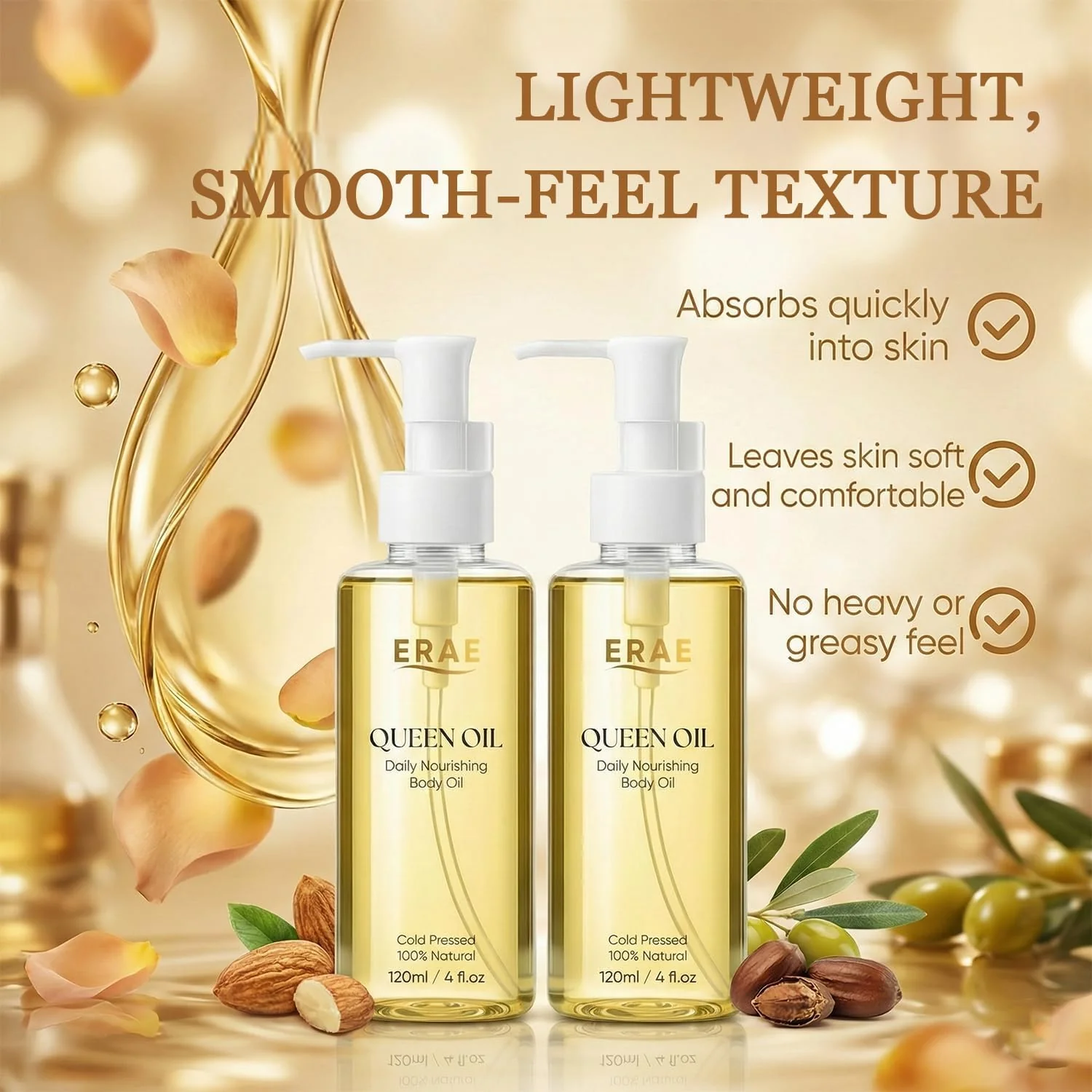 SDUQULK ERAE Queen Oil, Cold-Pressed Botanical Body Oil, Lightweight Daily Hydrating & Moisturizing Oil for Arms, Tummy & Thighs, Deeply Nourishing, 2 Pack (120 ml / 4 fl oz Each) (2 PCS) - Image 4