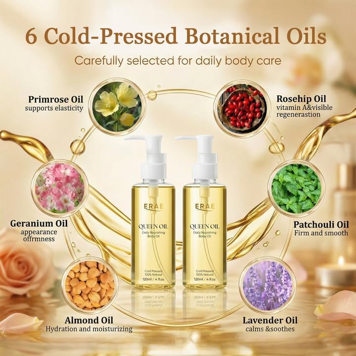 SDUQULK ERAE Queen Oil, Cold-Pressed Botanical Body Oil, Lightweight Daily Hydrating & Moisturizing Oil for Arms, Tummy & Thighs, Deeply Nourishing, 2 Pack (120 ml / 4 fl oz Each) (2 PCS) - Image 5