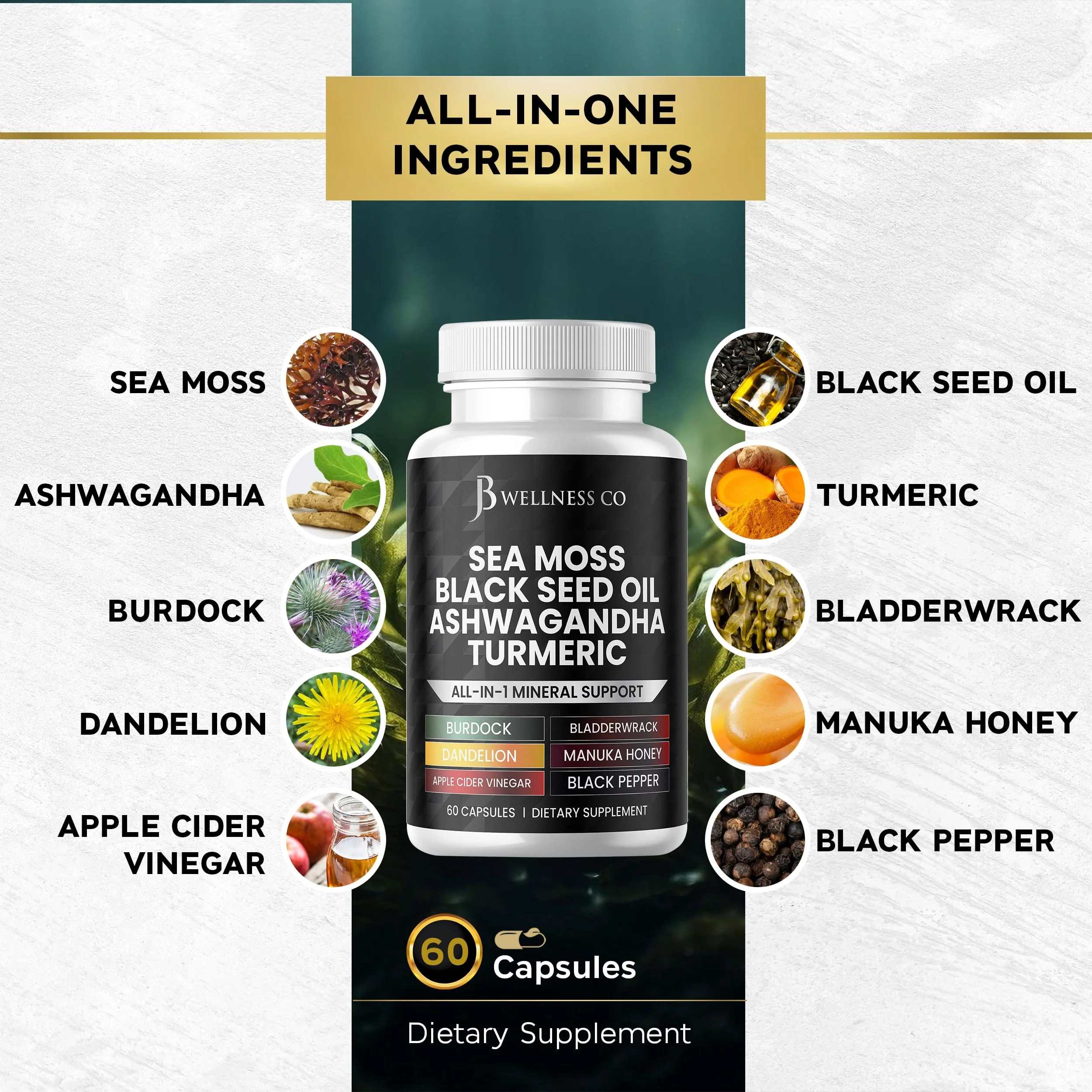 Sea Moss Black Seed Oil Ashwagandha Turmeric Bladderwrack Burdock - with Manuka, Honey Dandelion, ACV Black Pepper Gluten Free - 60 Count - Image 4