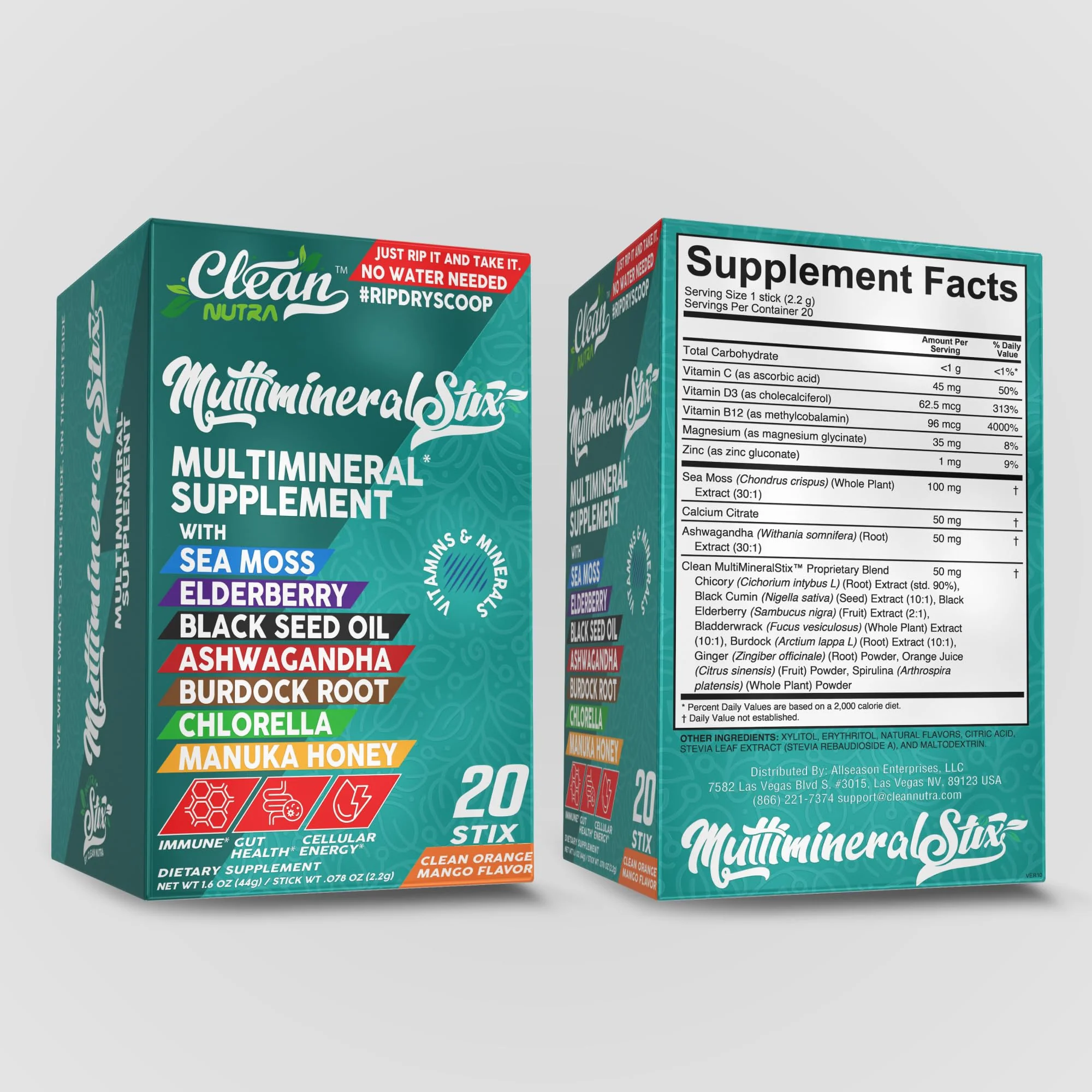 Sea Moss Powder Elderberry Ashwagandha Chlorella Manuka Honey VitaminD3 Vitamin C Zinc Spirulina Iodine Greens Detox Immune Support Sugar Free Hydration Powder Drink Mix – 20 Sticks - Image 2