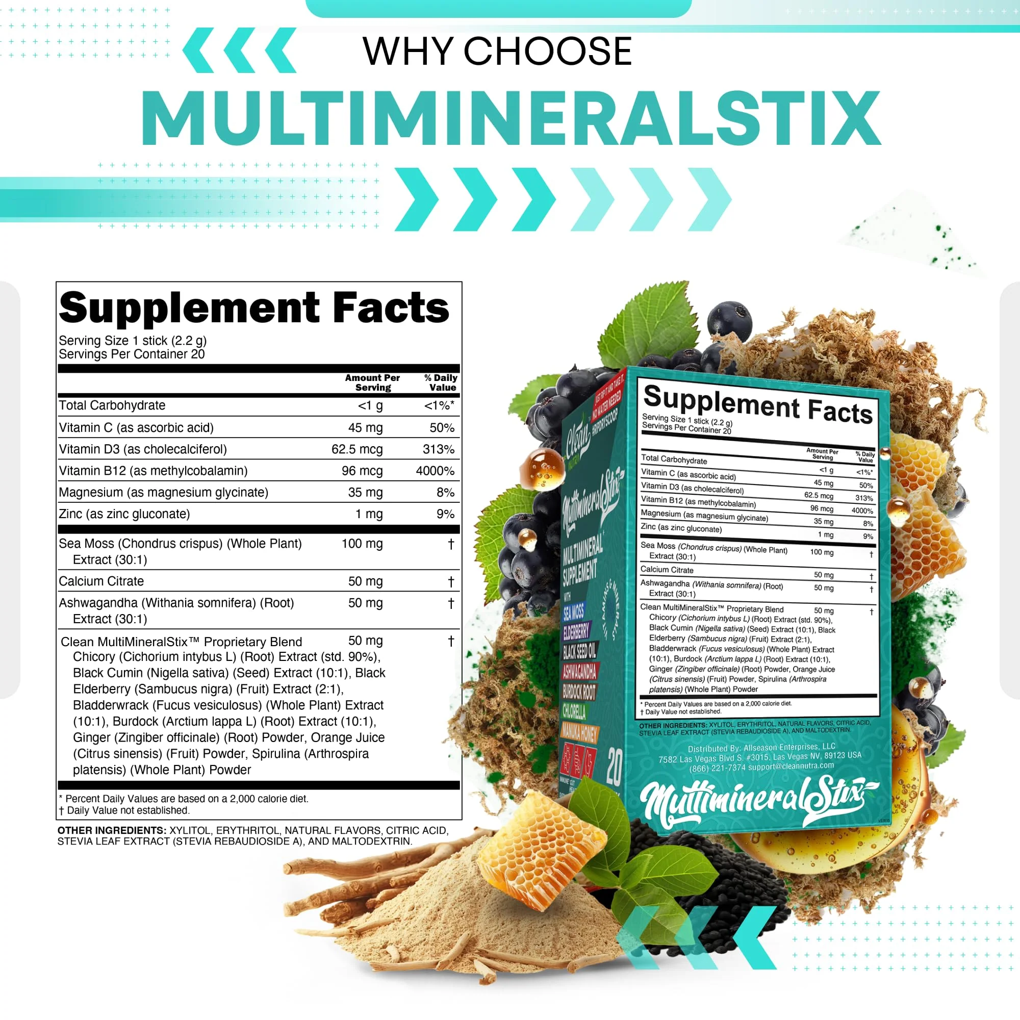 Sea Moss Powder Elderberry Ashwagandha Chlorella Manuka Honey VitaminD3 Vitamin C Zinc Spirulina Iodine Greens Detox Immune Support Sugar Free Hydration Powder Drink Mix – 20 Sticks - Image 7