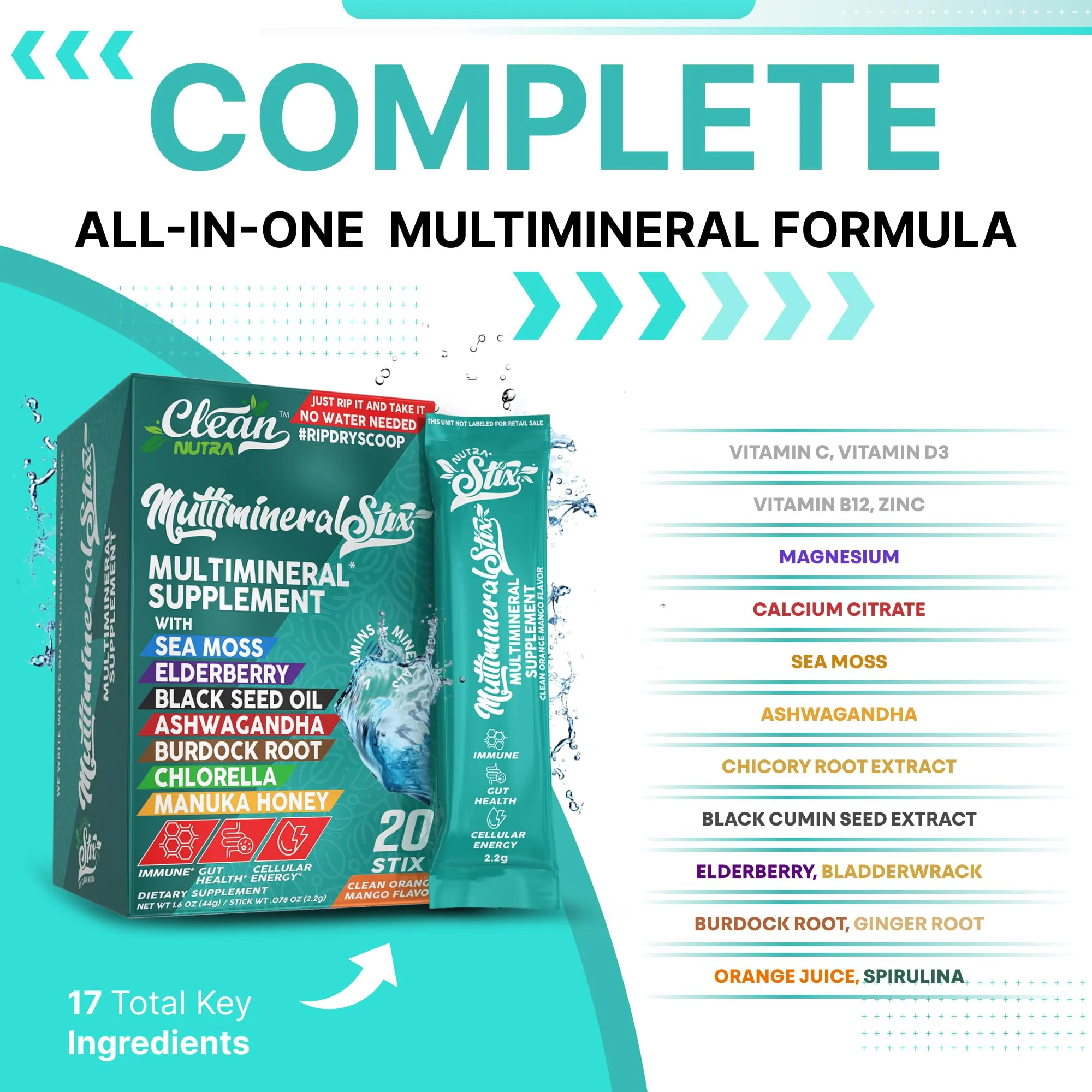 Sea Moss Powder Elderberry Ashwagandha Chlorella Manuka Honey VitaminD3 Vitamin C Zinc Spirulina Iodine Greens Detox Immune Support Sugar Free Hydration Powder Drink Mix – 20 Sticks - Image 9