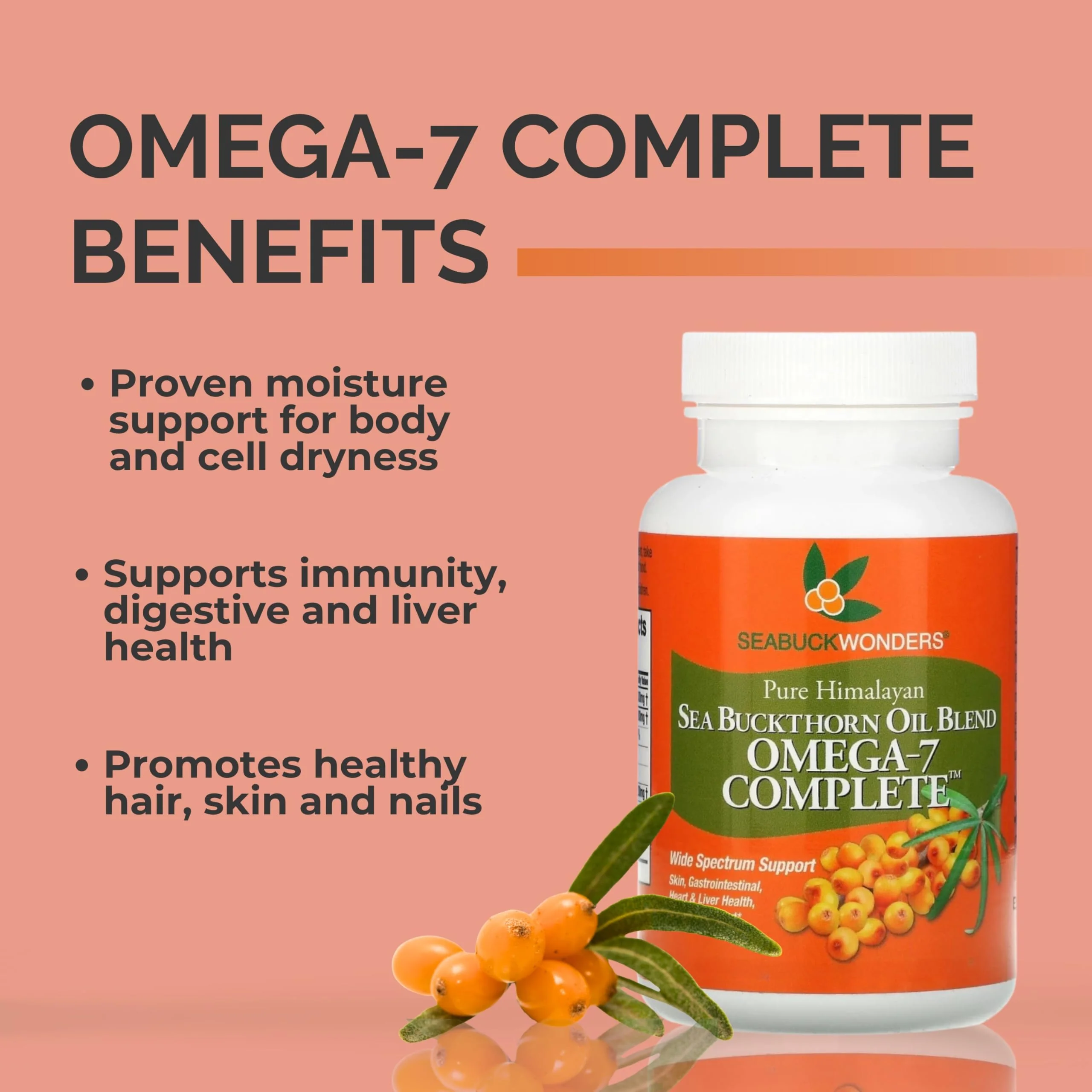 SEABUCKWONDERS Organic Sea Buckthorn Oil Omega-7 Complete, 120 Softgels, 60 Day Supply, with Omega 3, 6 & 9, Supports Hair, Skin & Nails, 100% Pure with Zero Filler Oil - Image 2