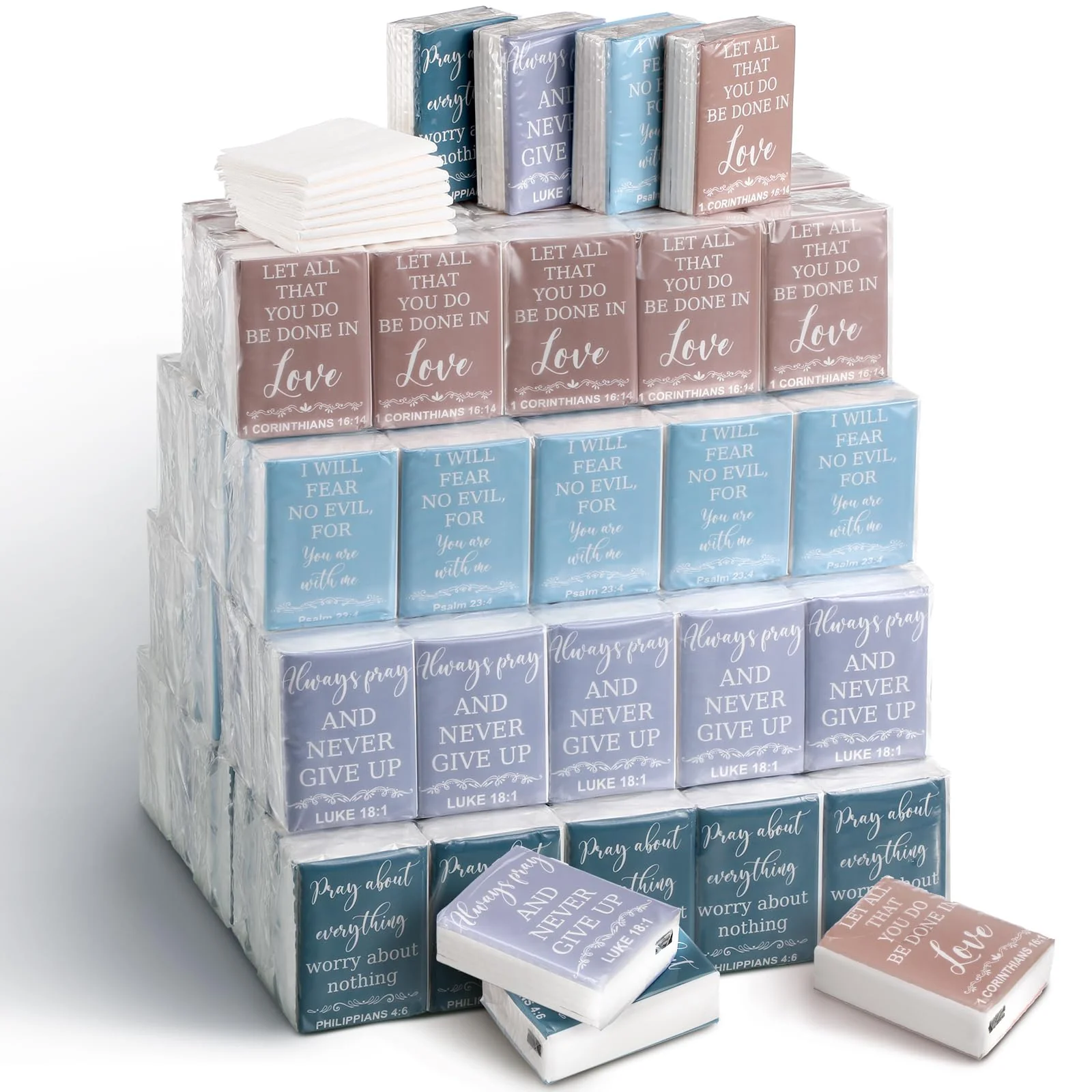 Seajan 120 Pack Christian Travel Tissues 3 Ply Bulk Bible Verse Pocket Tissues Travel Size Individual Christian Bulk Gift Pack for Wedding Party Homeless Gift(Plain Color)