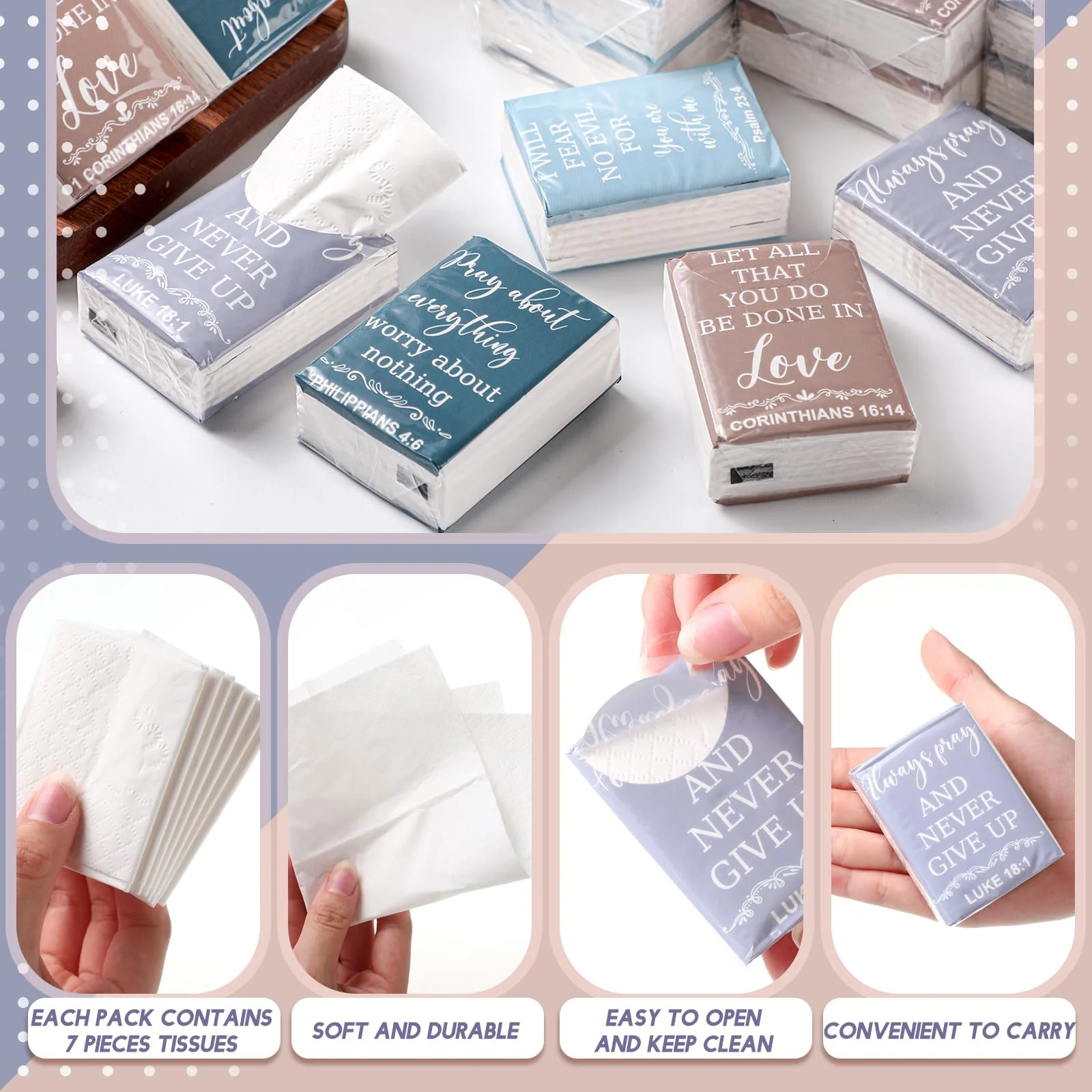 Seajan 120 Pack Christian Travel Tissues 3 Ply Bulk Bible Verse Pocket Tissues Travel Size Individual Christian Bulk Gift Pack for Wedding Party Homeless Gift(Plain Color) - Image 3