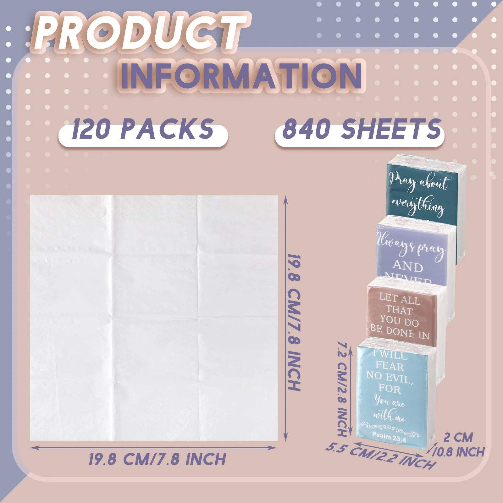 Seajan 120 Pack Christian Travel Tissues 3 Ply Bulk Bible Verse Pocket Tissues Travel Size Individual Christian Bulk Gift Pack for Wedding Party Homeless Gift(Plain Color) - Image 6