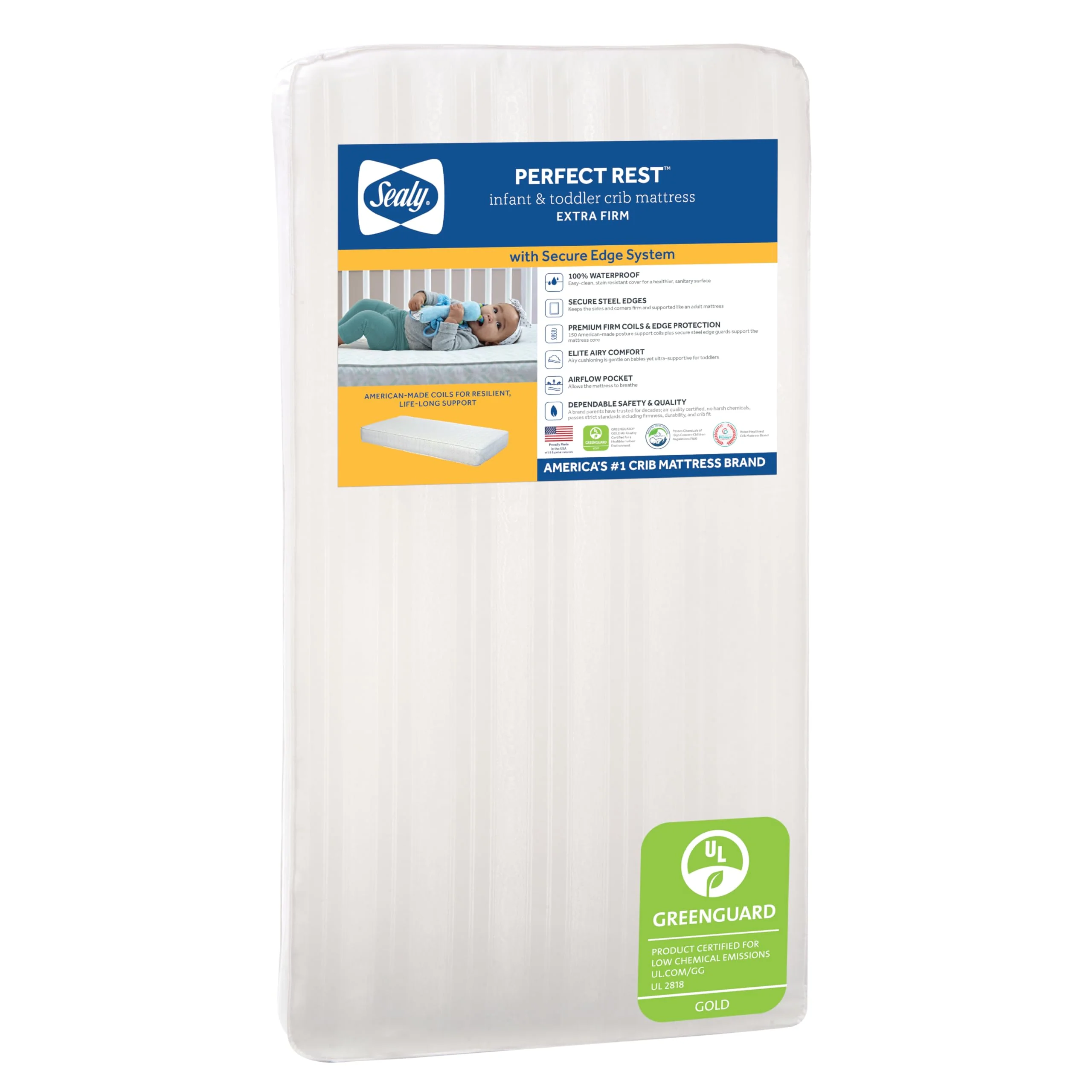 Sealy Baby Perfect Rest Waterproof Crib Mattress plus Toddler Bed Fit, Premium 150 Extra Firm Coils, Non Toxic, Airy Cushioning, GREENGUARD Gold Certified, Safety & Quality Tested, Made in USA, 52X28" - Image 2