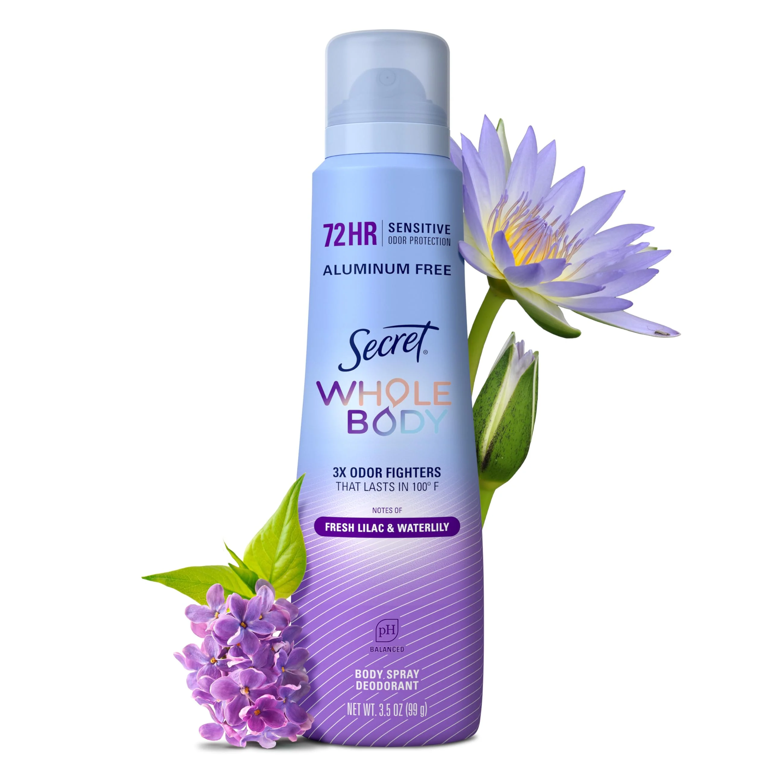 Secret Aluminum Free Whole Body Deodorant Spray for Women, 72hr Sensitive Freshness & Odor Defense, PH Balanced, Invisible Protection, Safe to Use Everywhere, Fresh Lilac & Waterlily Scent, 3.5 oz