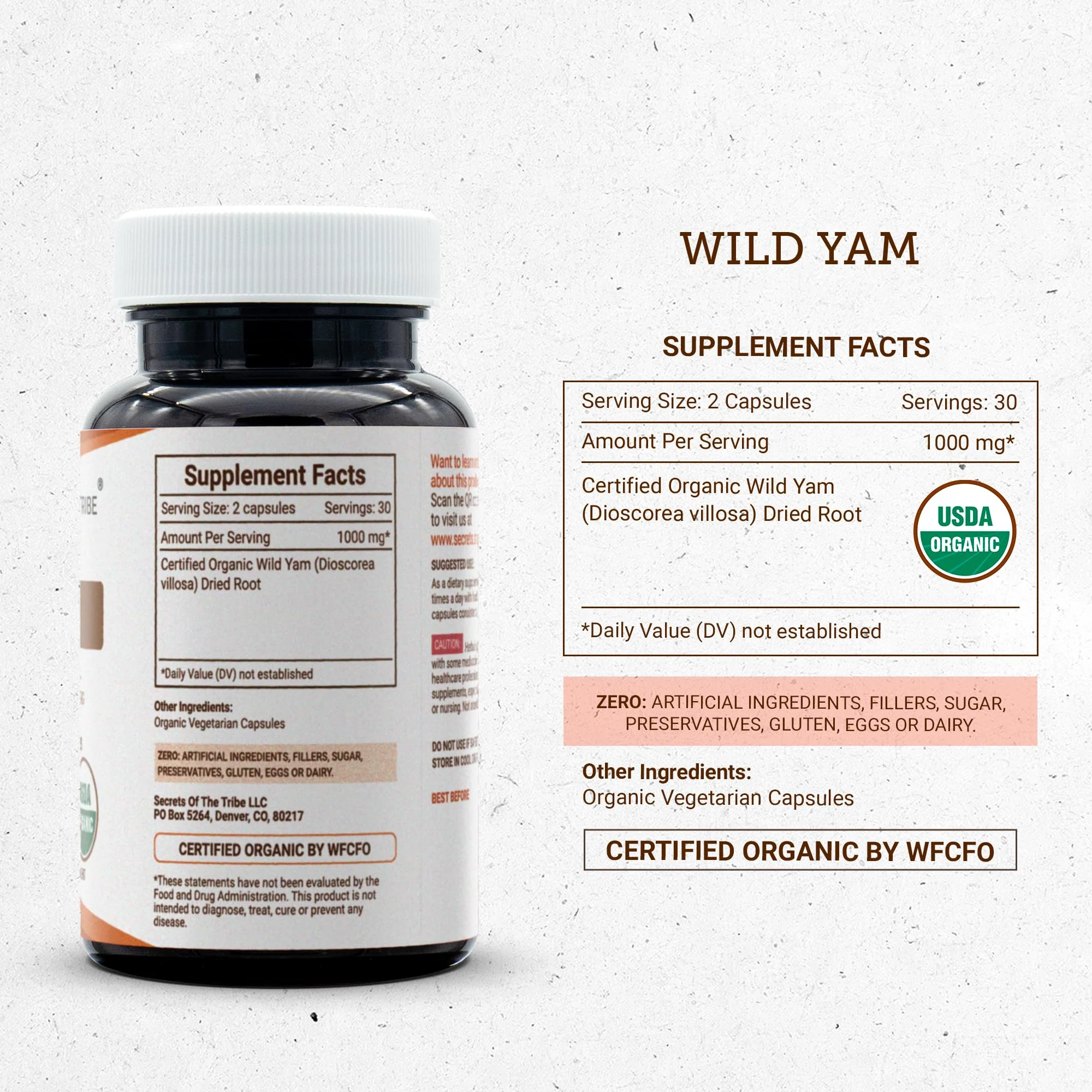 Secrets of the Tribe Wild Yam USDA Organic 60 Capsules | Made with Organic Vegetarian Capsules and Responsibly farmed Wild Yam (Dioscorea Villosa) Dried Root (60 Capsules) - Image 4