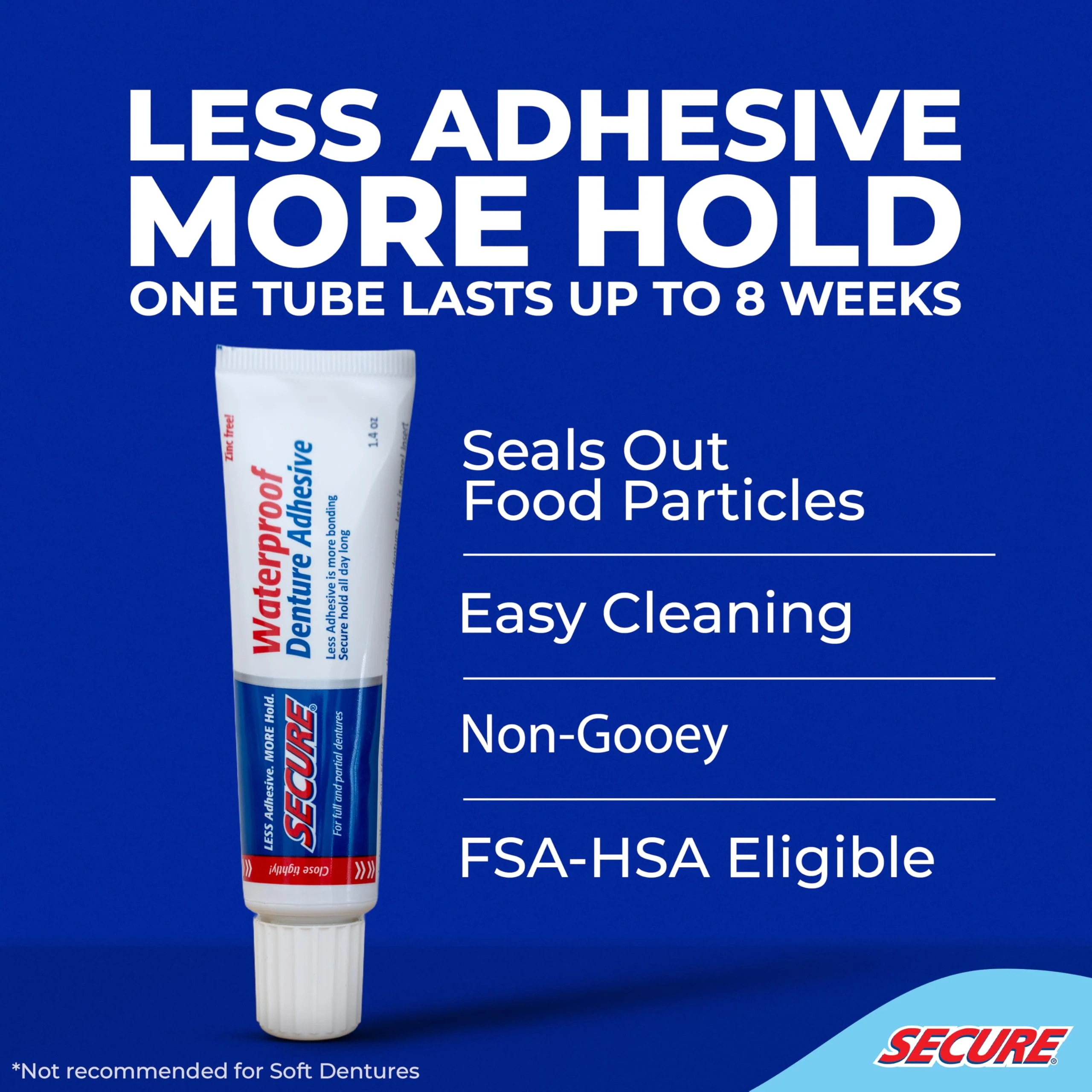 Secure Denture Adhesive Cream for Uppers, Lowers & Partials – Waterproof Seal & Zinc Free – Food Grade Ingredients - Less Adhesive, More Hold - Tube Lasts Up to 8 Weeks - 1.4 oz (4 Pack) - Image 2