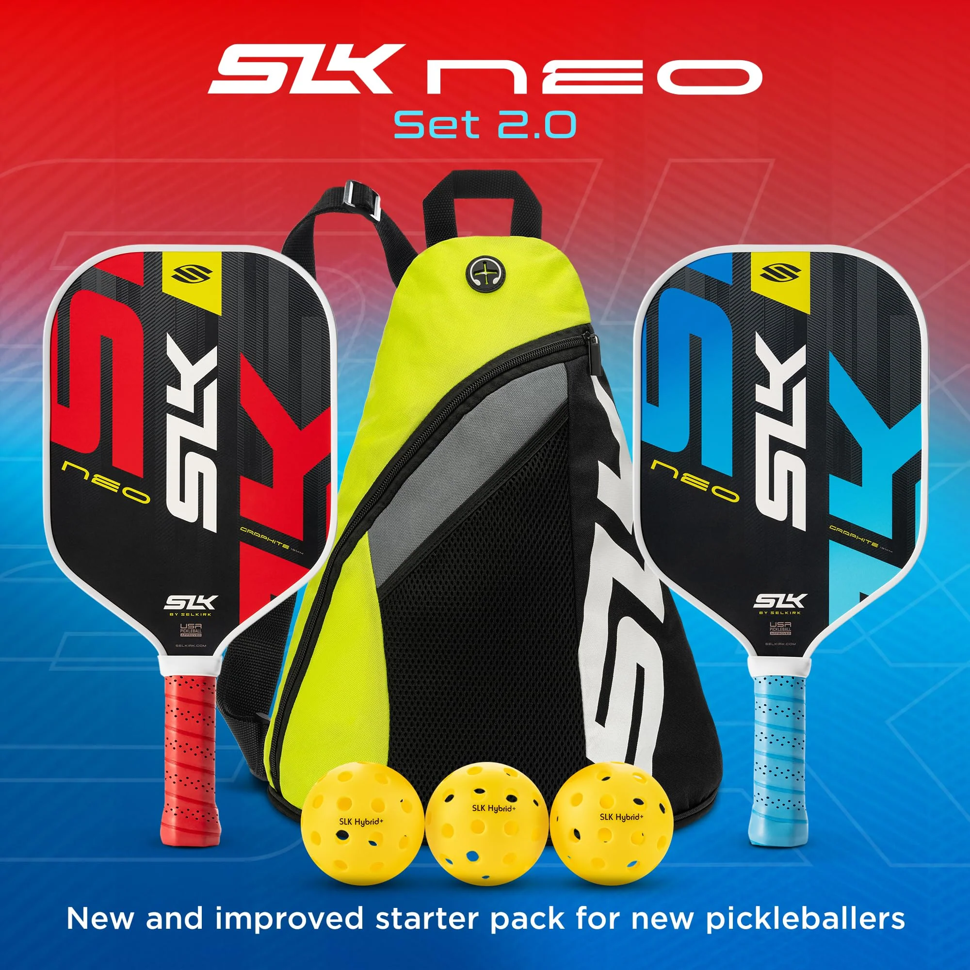 Selkirk Sport SLK Neo Graphite Pickleball Paddles Set of 2 | Designed in The USA | Complete Pickleball Set with 2 Pickle Ball Rackets, 3 Hybrid+ Balls, and SLK Sling Bag | Red & Blue - Image 7