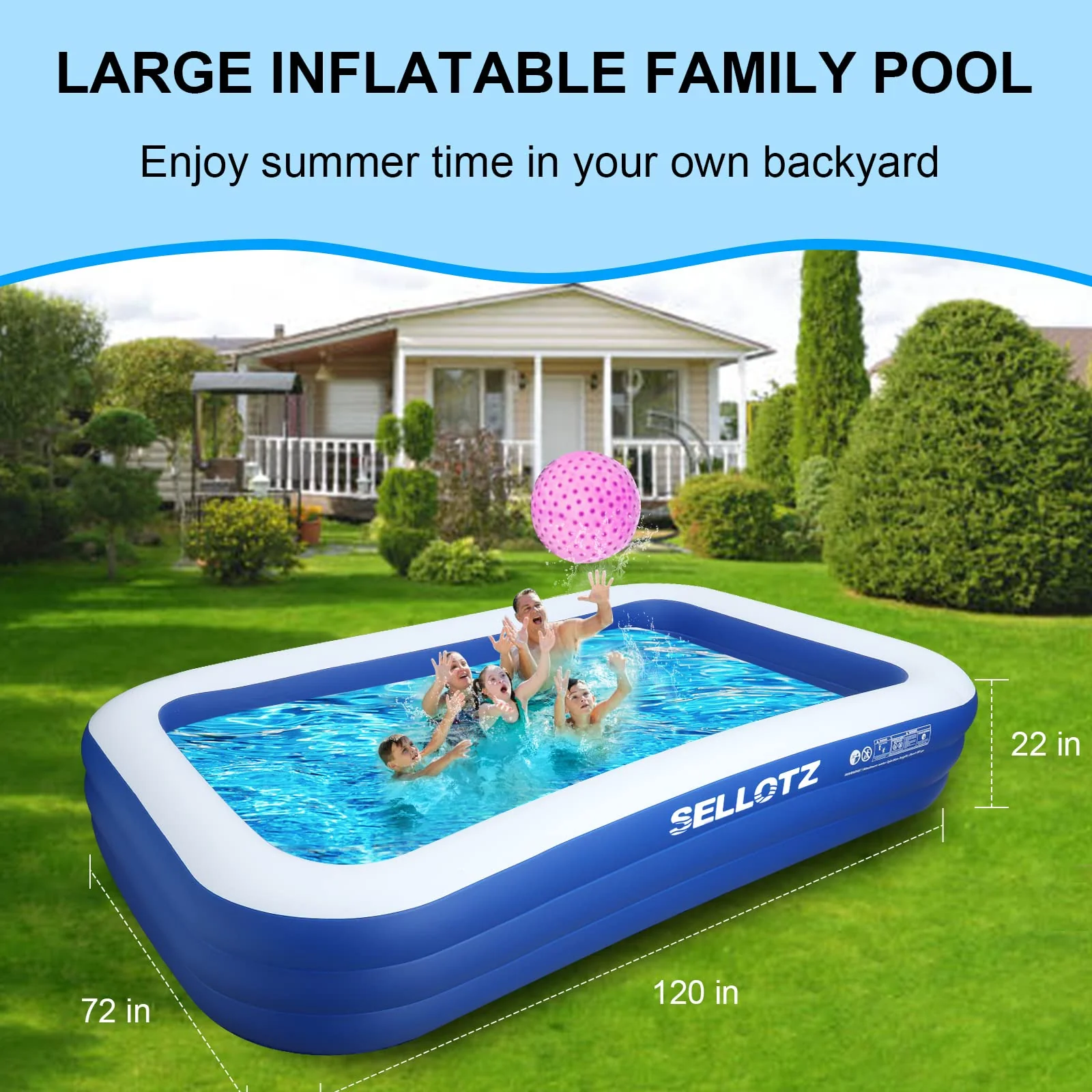 SELLOTZ Inflatable Pool for Kids and Adults, 120" X 72" X 22" Oversized Thickened Family Swimming Pool for Toddlers, Outdoor, Garden, Backyard, Summer Water Party - Image 4