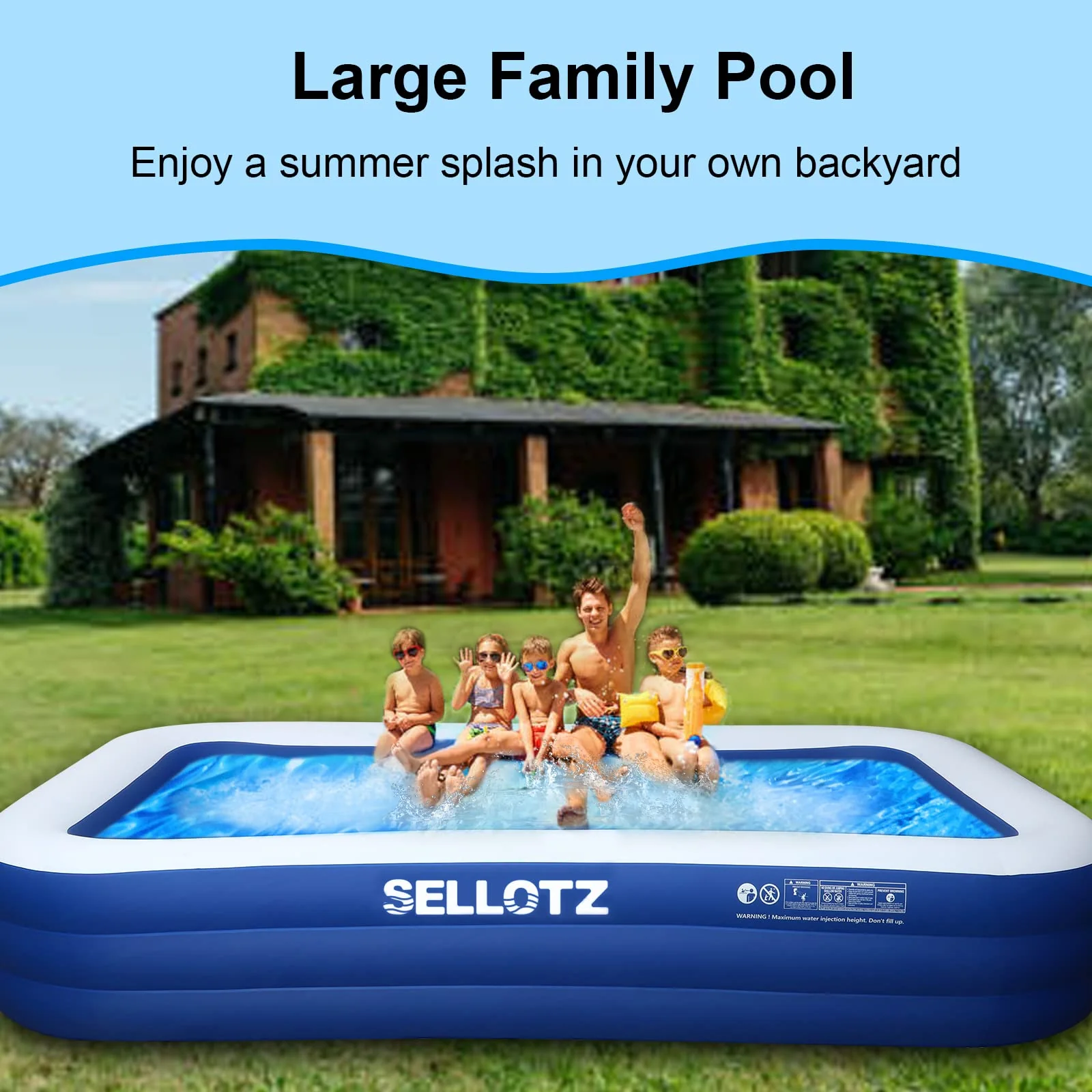 SELLOTZ Inflatable Pool for Kids and Adults, 120" X 72" X 22" Oversized Thickened Family Swimming Pool for Toddlers, Outdoor, Garden, Backyard, Summer Water Party - Image 5