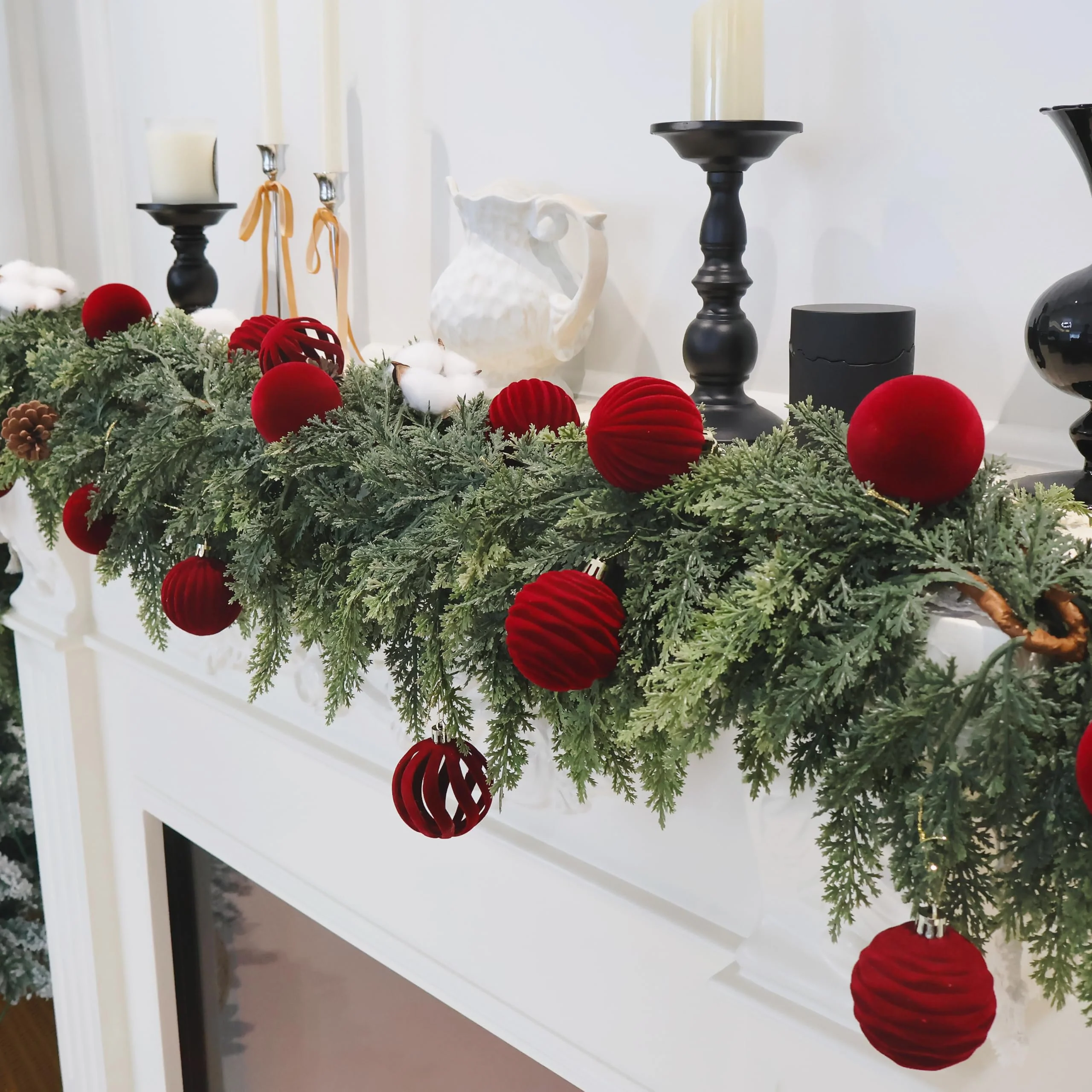 Senjie 3.15inch Burgundy Velvet Christmas Ornaments Balls Flocked Christmas Tree 12PCS Plastic Balls Xmas Hanging Ornaments Decoration Red - Image 3