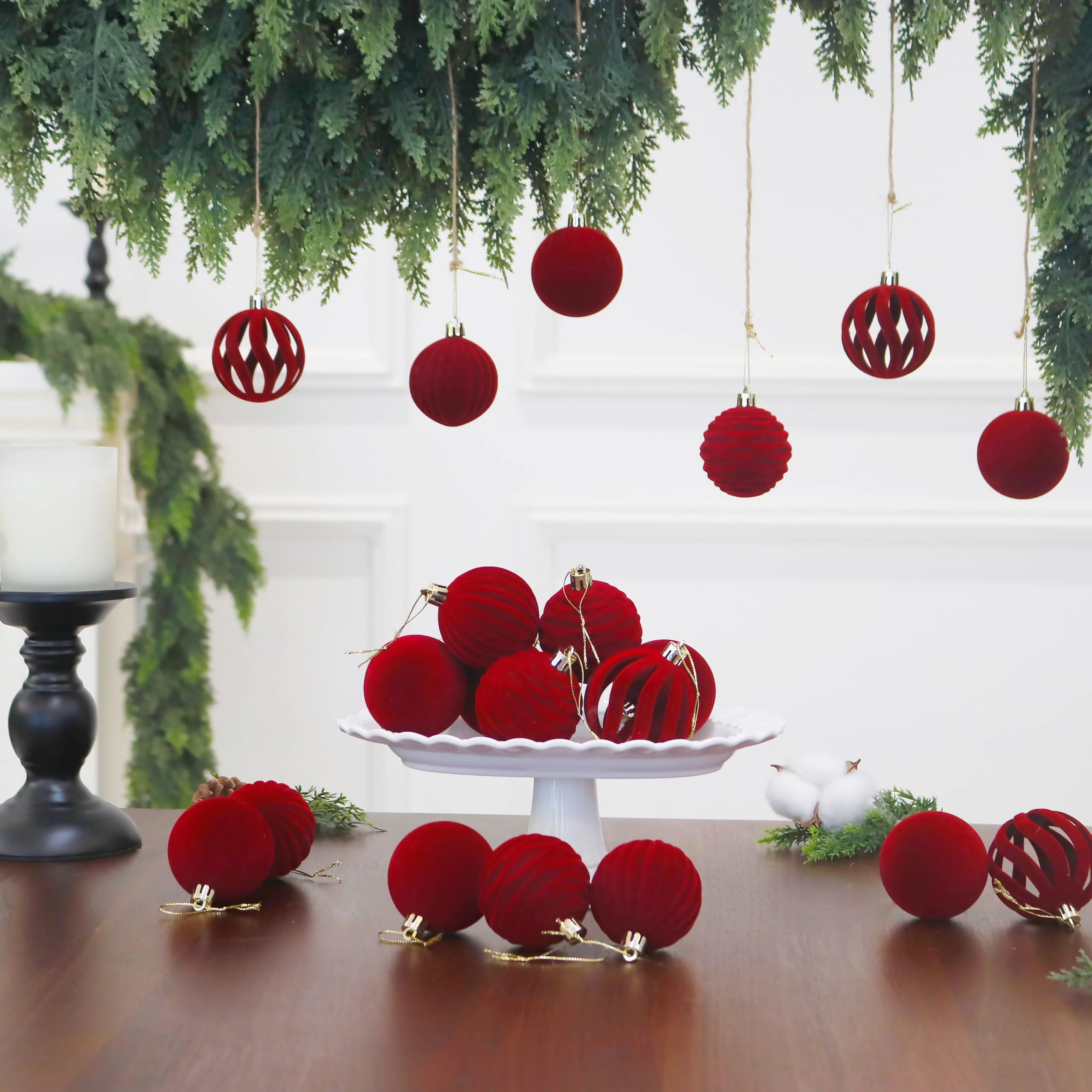Senjie 3.15inch Burgundy Velvet Christmas Ornaments Balls Flocked Christmas Tree 12PCS Plastic Balls Xmas Hanging Ornaments Decoration Red - Image 6