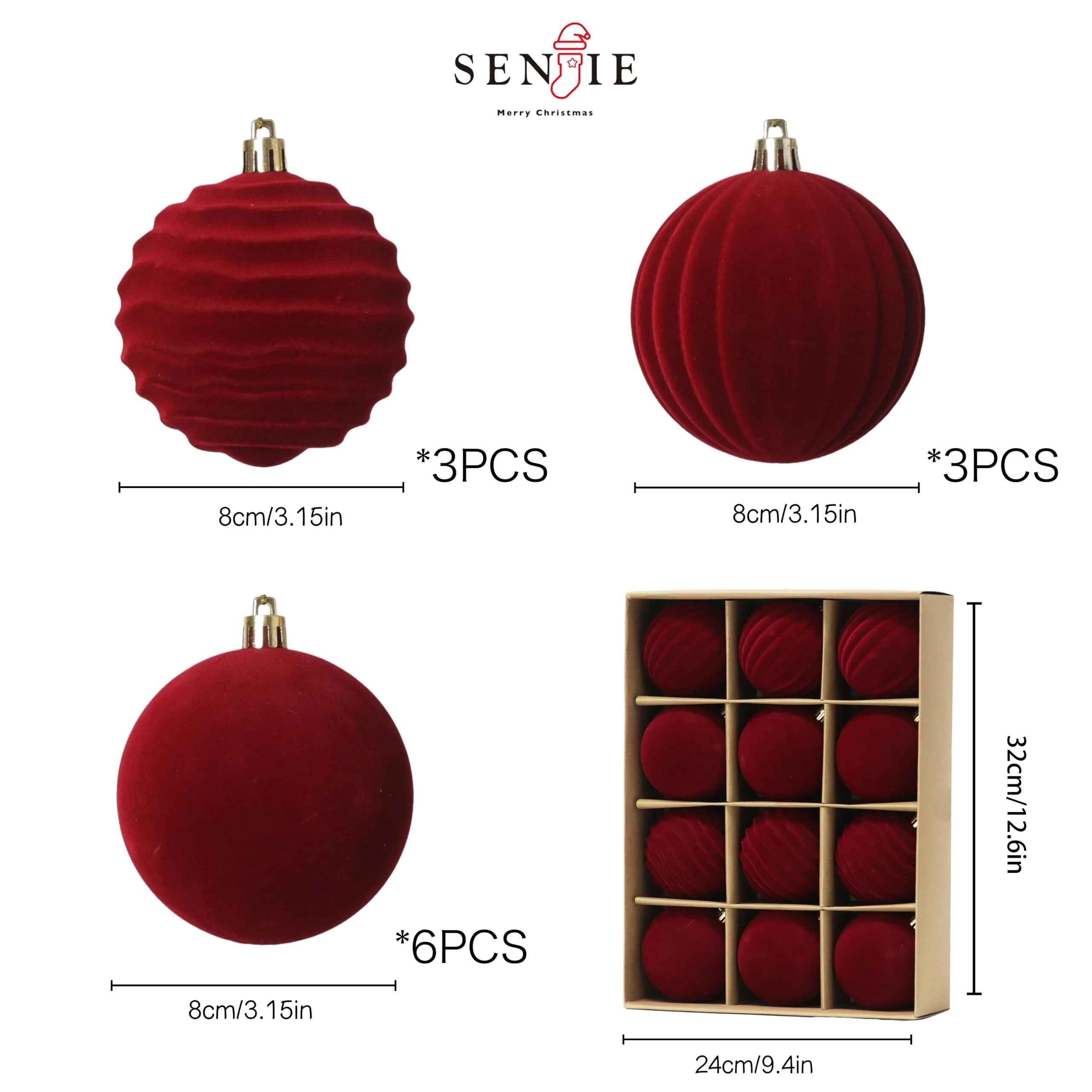 Senjie 3.15inch Burgundy Velvet Christmas Ornaments Balls Flocked Christmas Tree 12PCS Plastic Balls Xmas Hanging Ornaments Decoration Red - Image 7